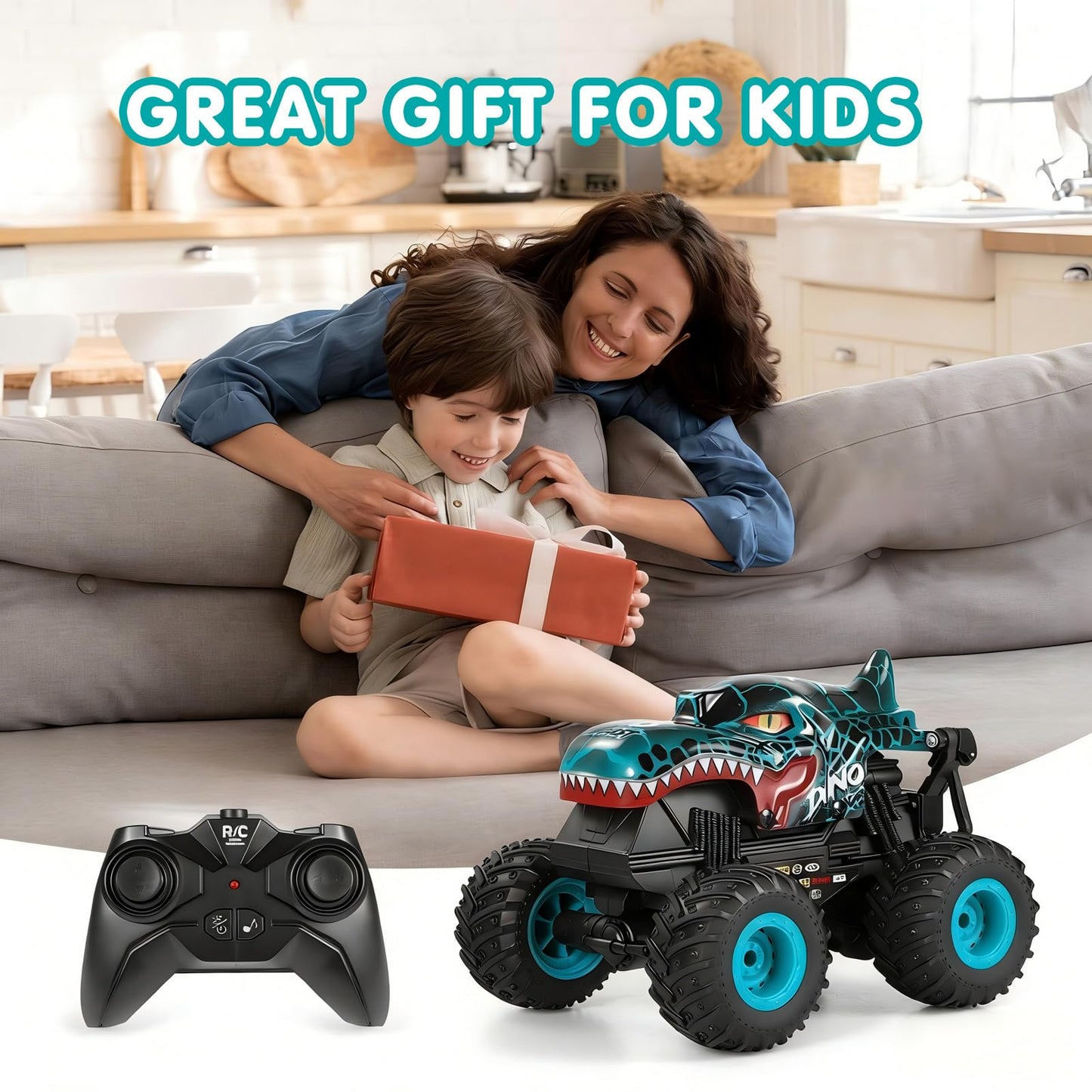 DYODYORC Remote Control Car, 2.4Ghz All Terrain Dinosaur Monster Truck Toys, RC Truck with Music, 3 Lighting Effects, 360 Stunt Capable, 2 Batteries Ready to Run, Toy Gifts for Boys and Girls (Cyan)