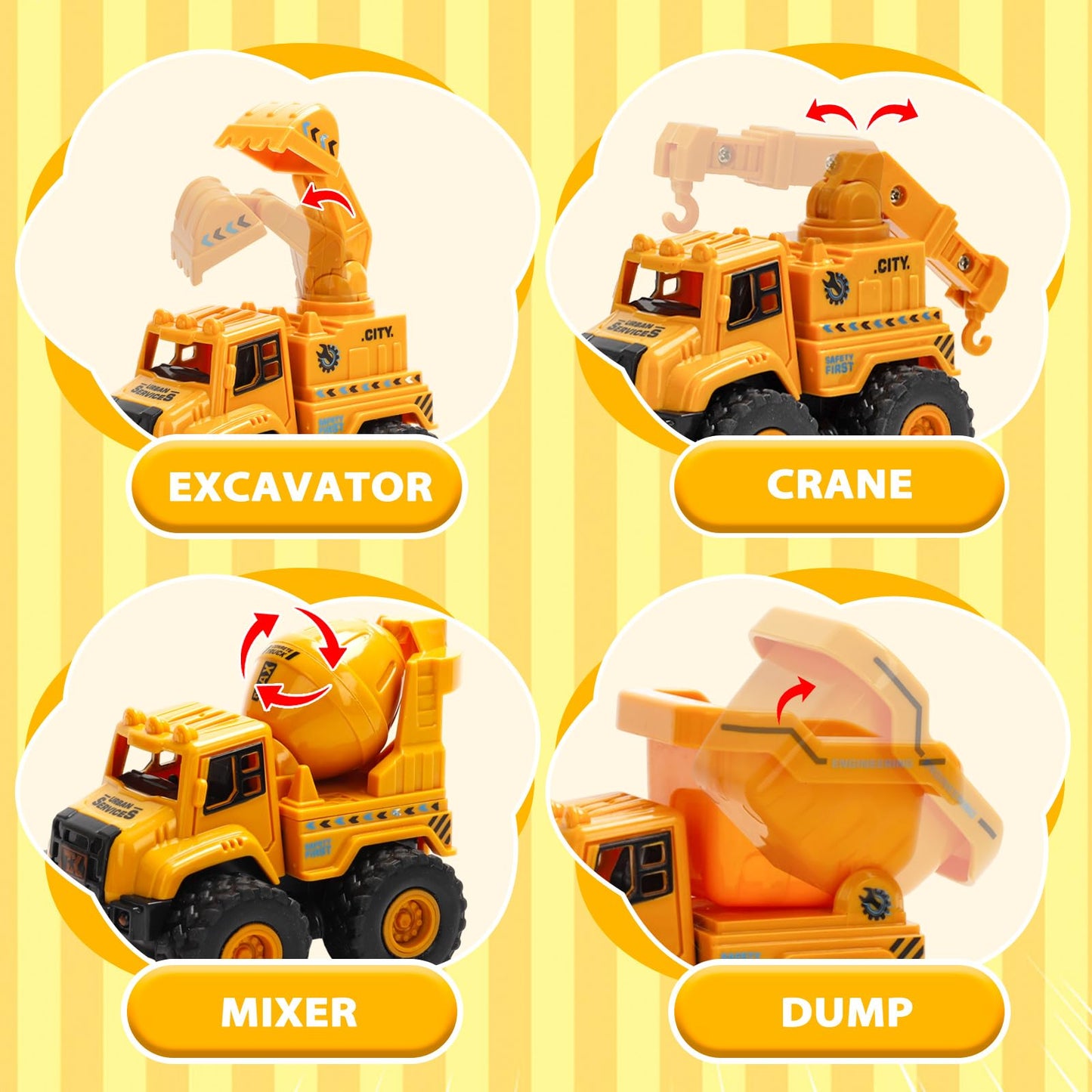 Lovinkiki Construction Truck Toys for Toddlers 1-3, Push and Go Toy Vehicles Set with Mixer, Dump Truck, Excavator, Bulldozer, Friction Powered Cars for Boys and Girls, Gift for 2 3 4 5 Year Old Kids