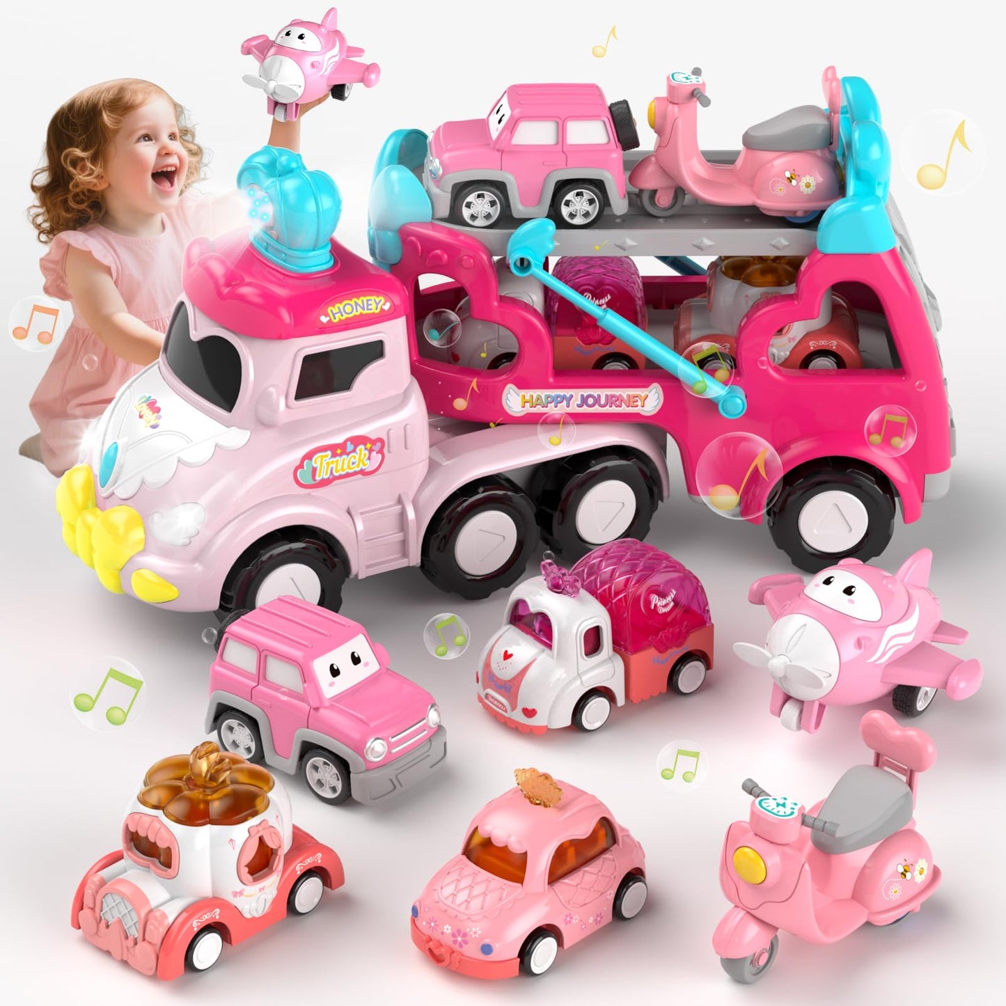 usrela Truck Toys for 2 3 Year Old Girl, 7-in-1 Carrier Truck Car for Toddler Girl, Toys Cars Age 2-3-4 with Light & Music, Birthday Gifts for 2+ 3+ Year Old Girls