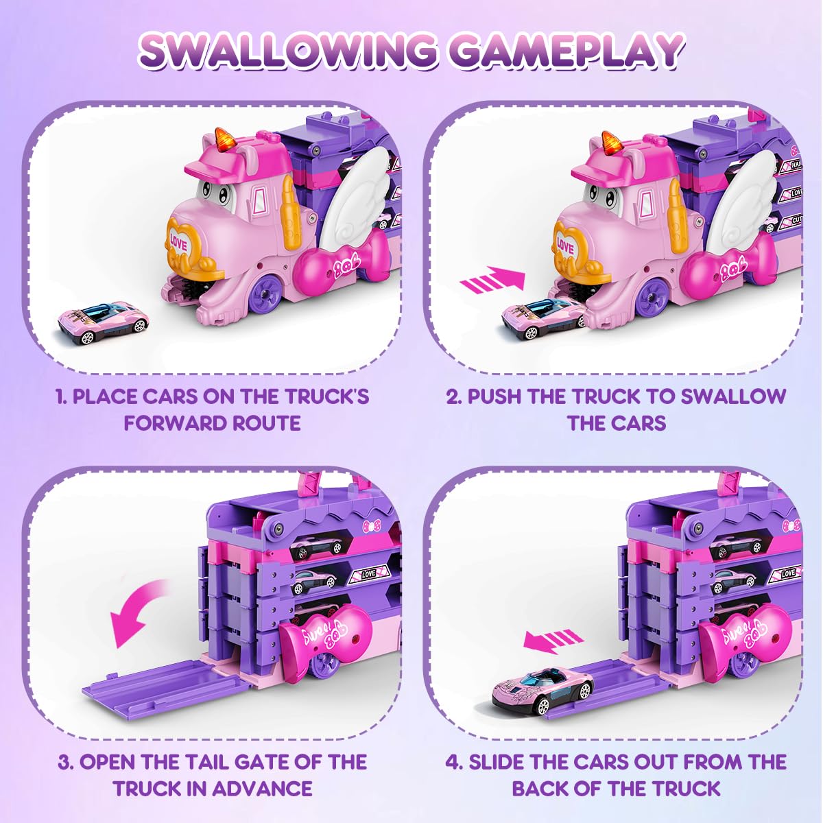 VATOS Toddler Truck Car Toys for 3 4 5 6 Year Old Girls, Foldable Race Track Toy with 6 Race Cars, Portable Transport Carrier Truck with Light & Music, Princess Toys Cars Gift for Kids Girls
