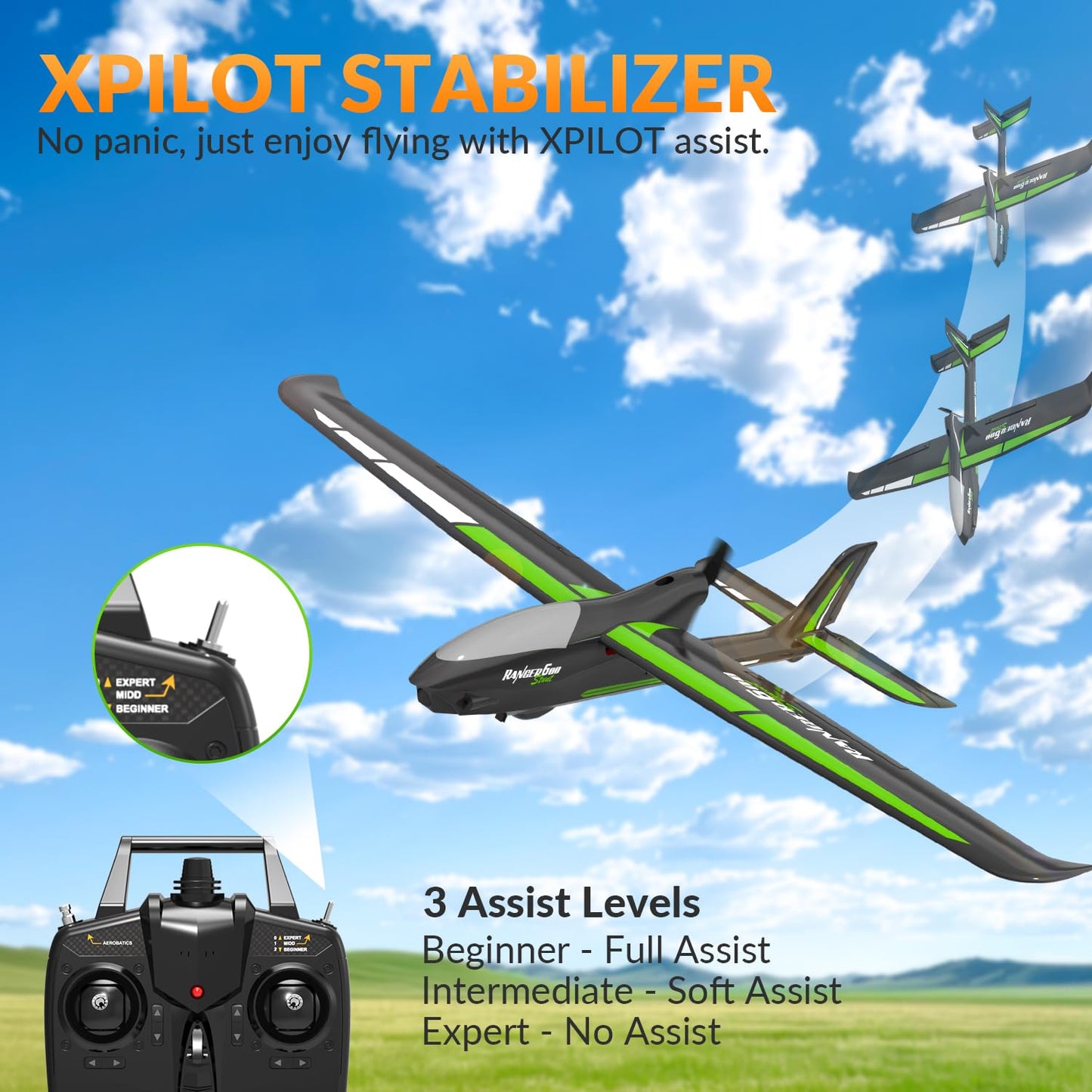 RCSHOBBY RC Plane Ranger600 Stunt 4 Channel Glider Remote Control Airplane Ready to Fly 2.4Ghz RC Airplane with Xpilot Stabilization System & One Key Aerobatic for Beginners,Adults