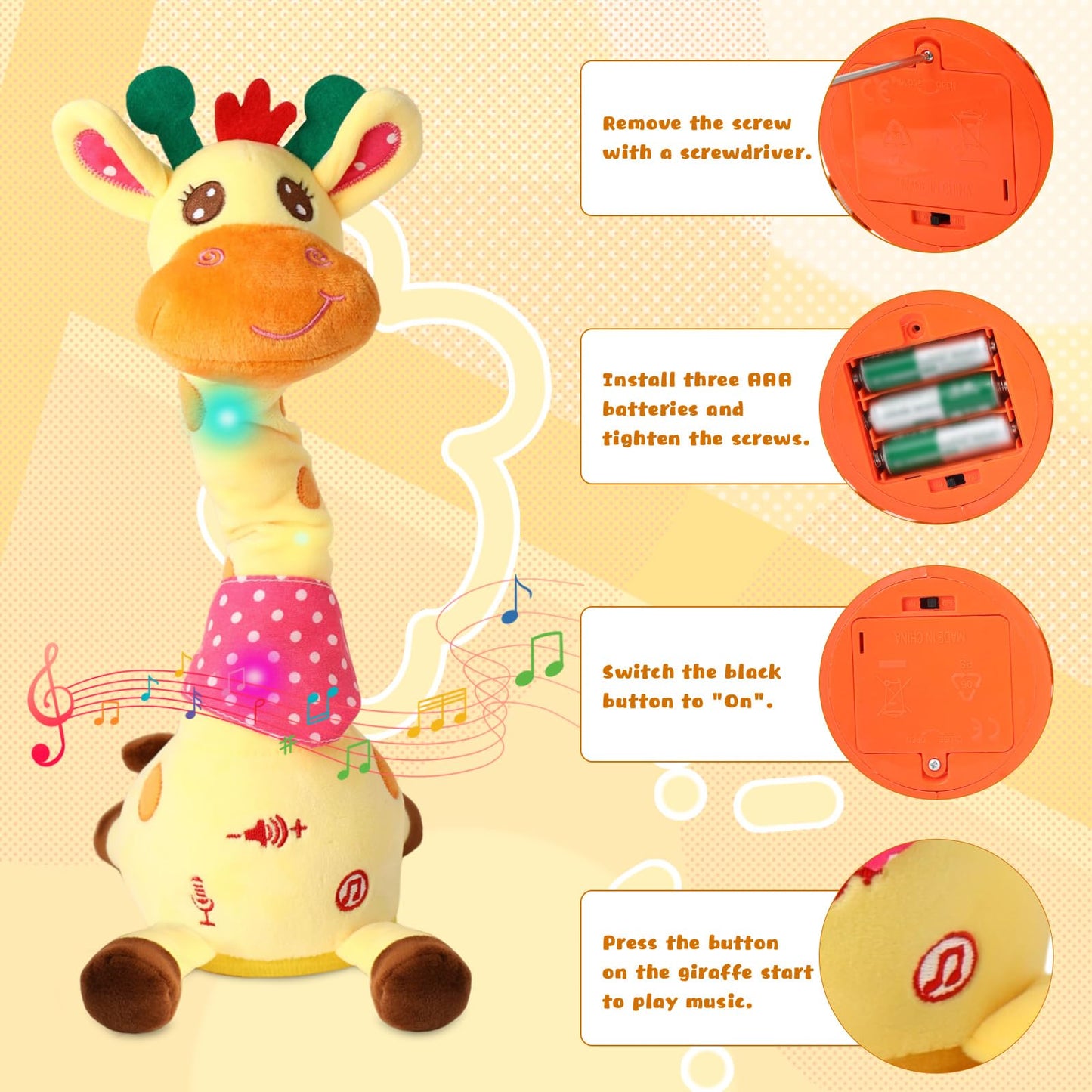 JISONCASE Talking Dancing Giraffe Baby Toy, Adjustable Volume Tummy Time Toy Repeating What You Say, Singing Mimicking Recording Sensory Education Gifts for Toddlers Boy Girls