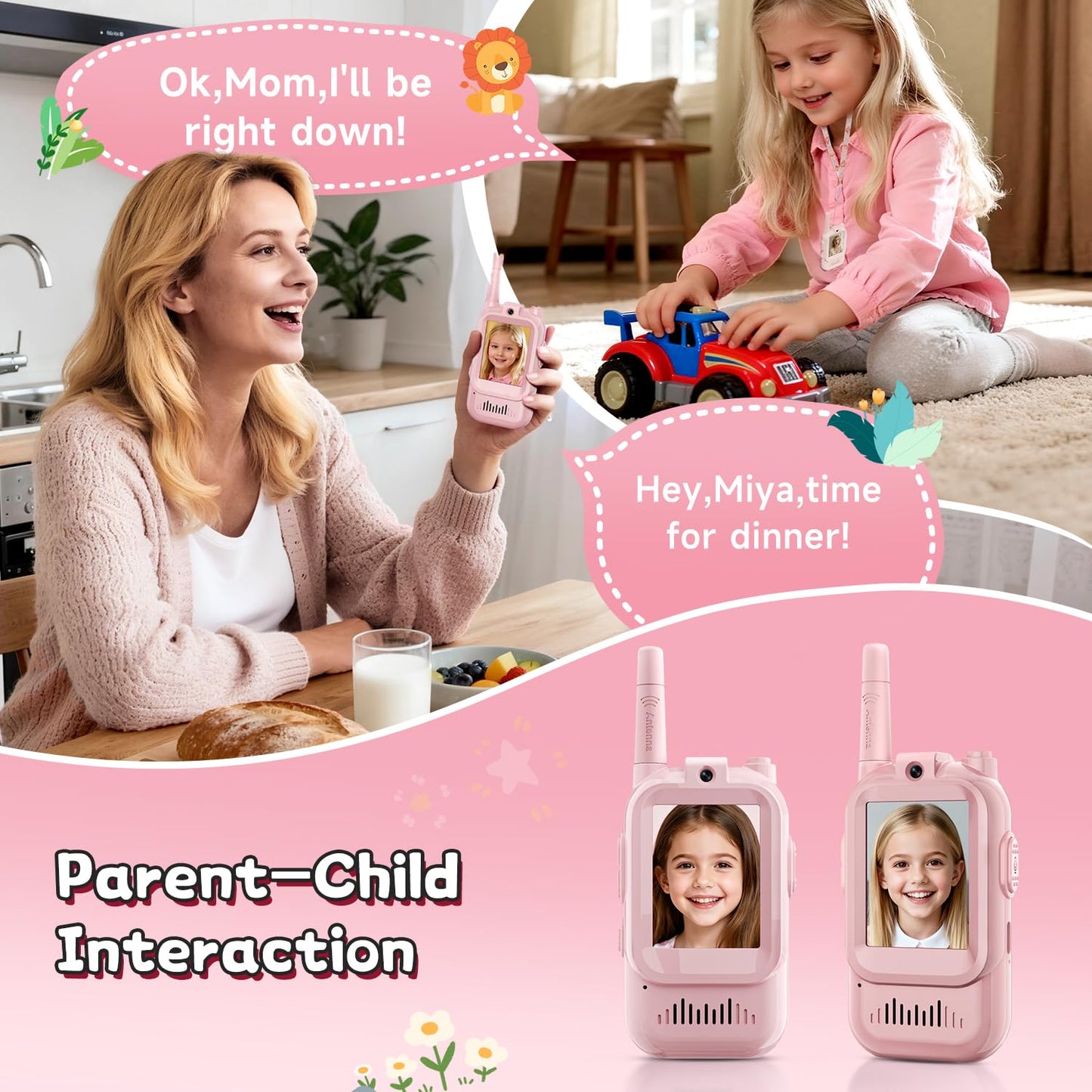Video Walkie Talkies for Kids Ages 3-12, 2 Pack Rechargeable Video Intercom Toys with Camera, Indoor Outdoor Adventure Games for Family Camping Hiking Birthday Gifts for Boys Girls (Pink/Pink)