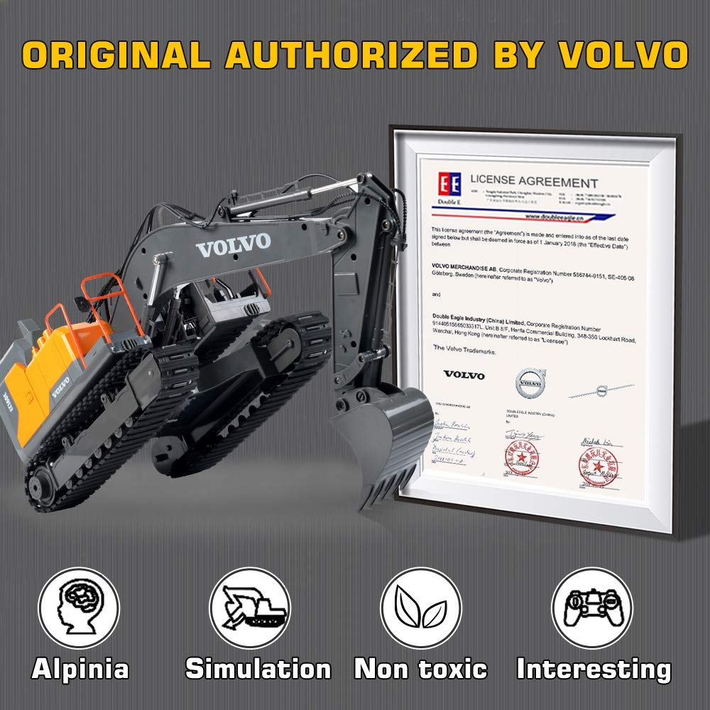 Double E Volvo 1:16 Scale Remote Control Excavator, 17 Channel 3-in-1 Construction Toy with Metal Shovel, Drill, Grab & Lights, 2.4GHz Full Function Digger for Outdoor Sandbox, Gift for Kids & Adults