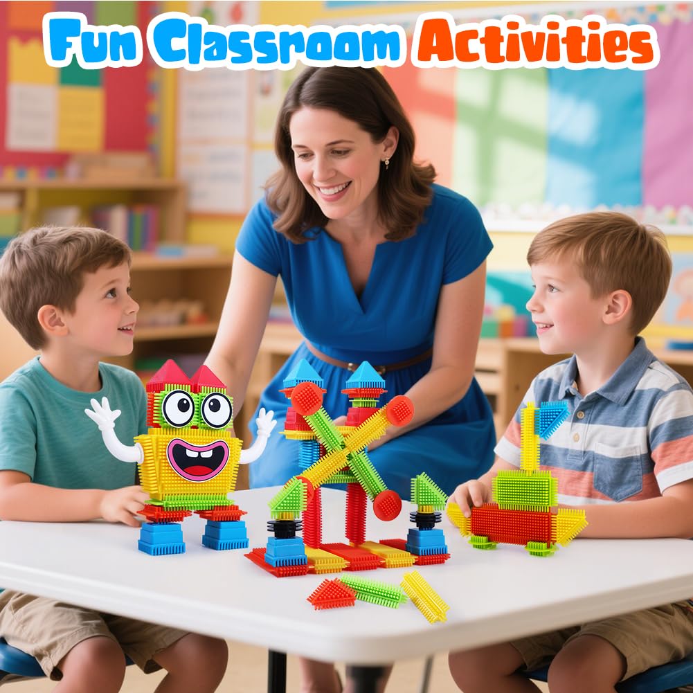 teytoy 200Pcs Building Blocks Toys, Bristle Shape Building Blocks Set STEM Interlocking Construction Learning Toys for Kids Ages 3+