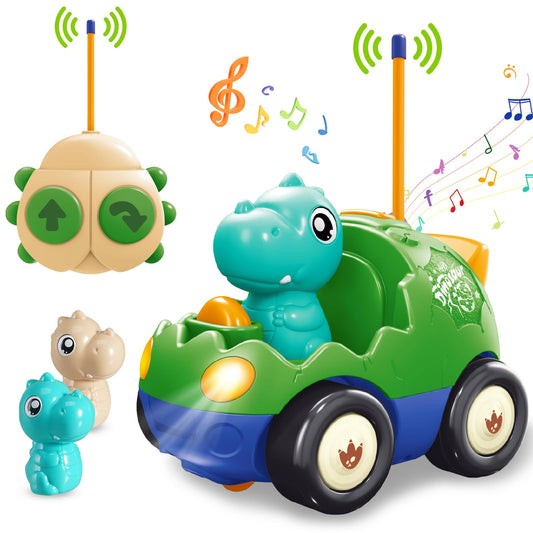 Pup Go Dinosaur Remote Control Car for Toddler 1 2 3 Years Old, My First RC Car with Music & Lights, 2 Interchangeable Dolls, Baby Dinosaur Toys, Ideal Gifts for Kids Boys Girls (Forest Green)