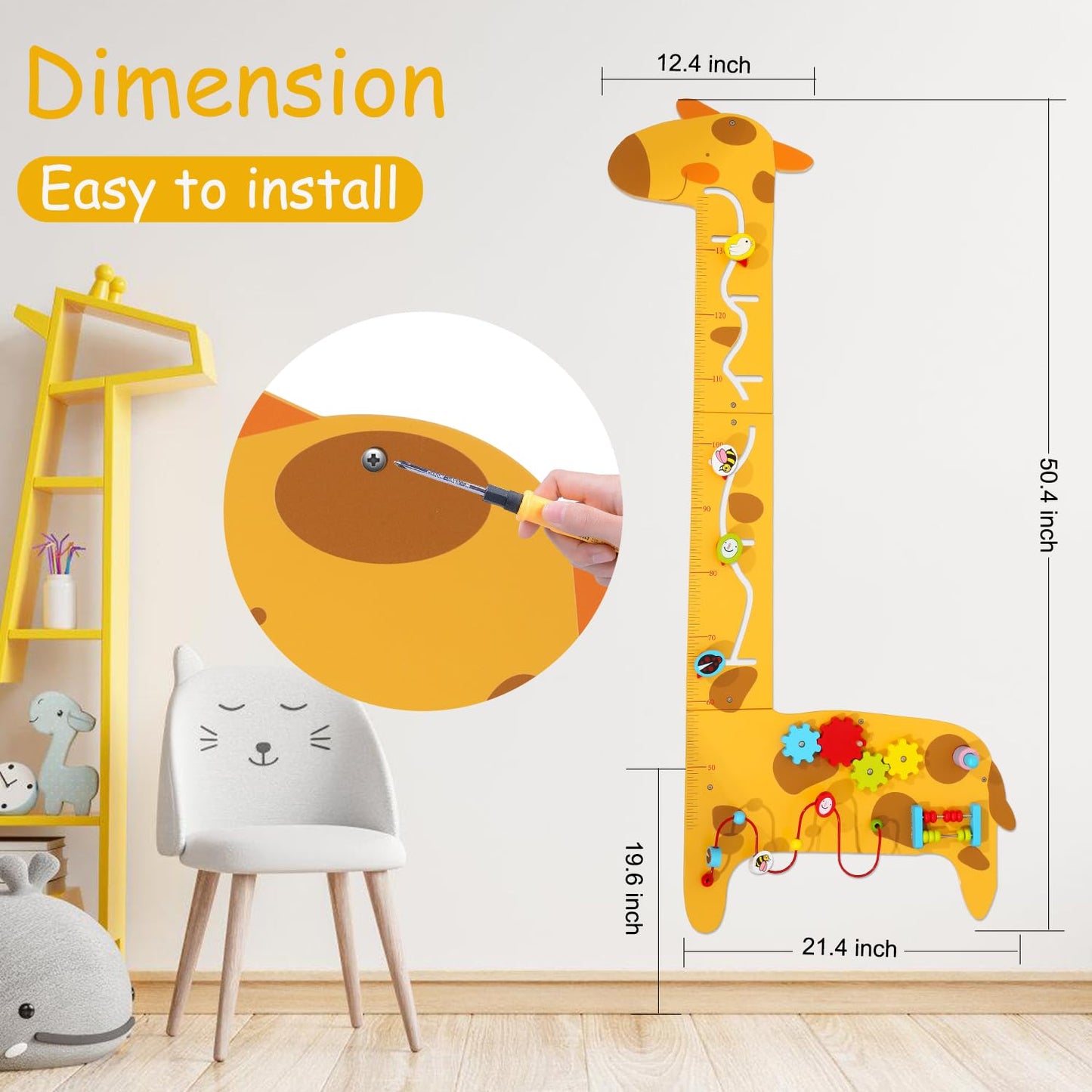 Dollox Giraffe Activity Wooden Wall Panels, 7-in-1 Toddler Multifunctional Busy Board Sensory, Interactive Educational Toy Montessori Wall Decor Preschool Toy for Daycare Activity Center Livingroom