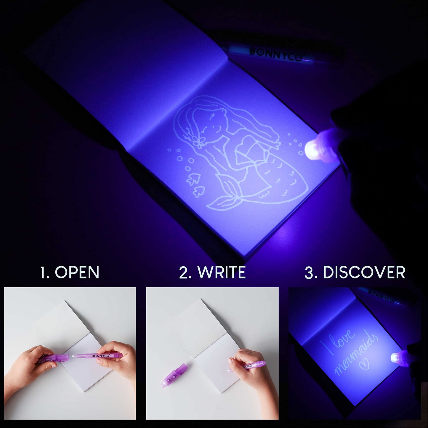BONNYCO Invisible Ink Pen and Notebook Pack of 32 Mermaid Party Favors for Kids | Spy Pen Mermaid Party Supplies, Prizes for Kids | Magic Pen Birthday Party Favors, Prizes for Students
