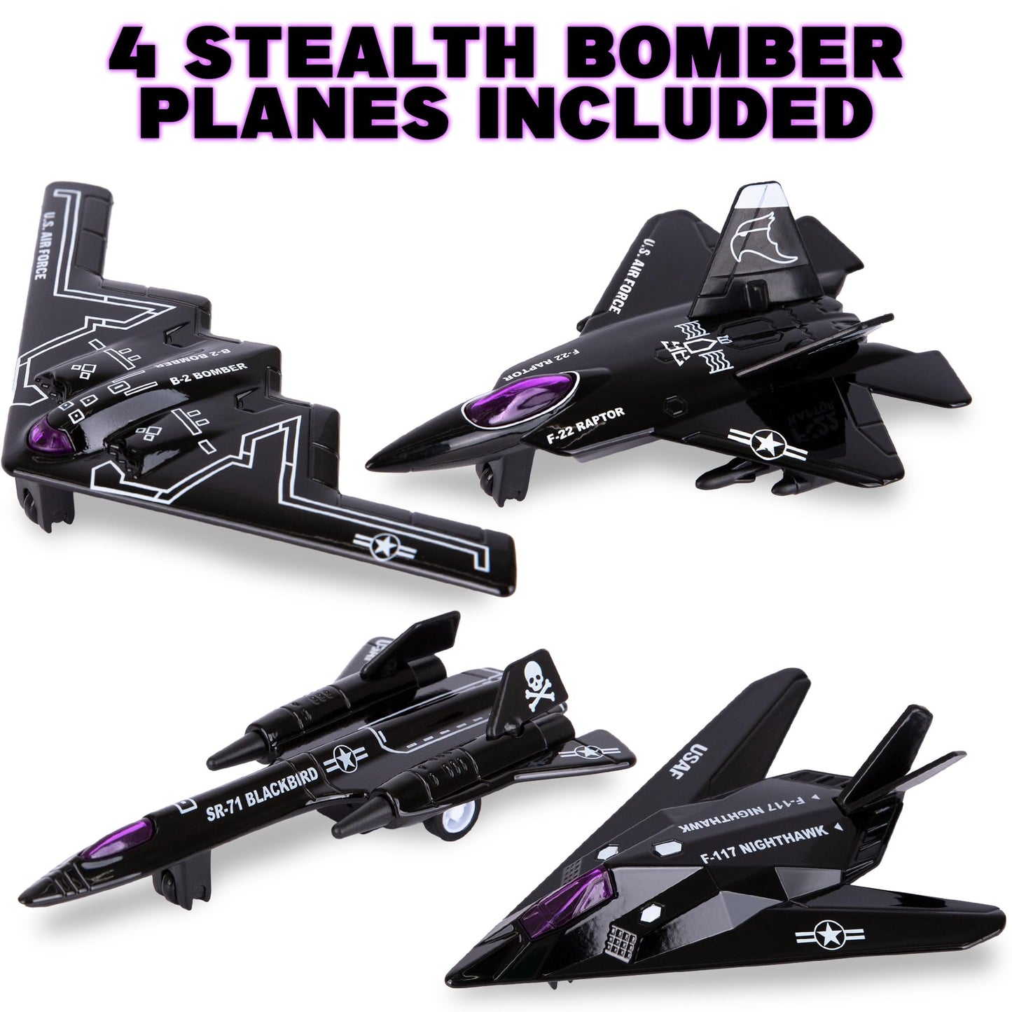 ArtCreativity Diecast Stealth Bomber Toy Jets with Pullback Action, Diecast Metal Jet, Airplane Toys, B-2 Bomber, SR-71 Blackbird, F-22 Raptor and F-117 Nighthawk, Military Toys for Kids