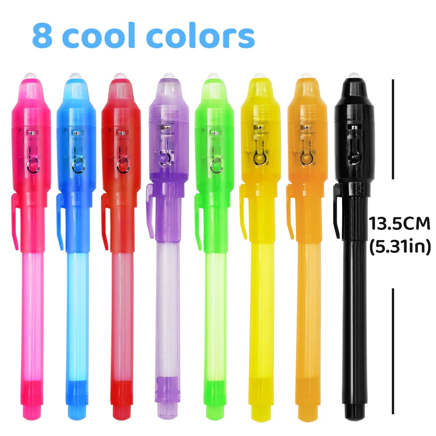 TIDALJAM 32 Pack Invisible Ink Pens with UV Light, 8 Colors Glow ， Secret Message Writing Detective Party Favors, Birthday Christmas Halloween Goodie Bag Stuffers Classroom Prizes School Supplies