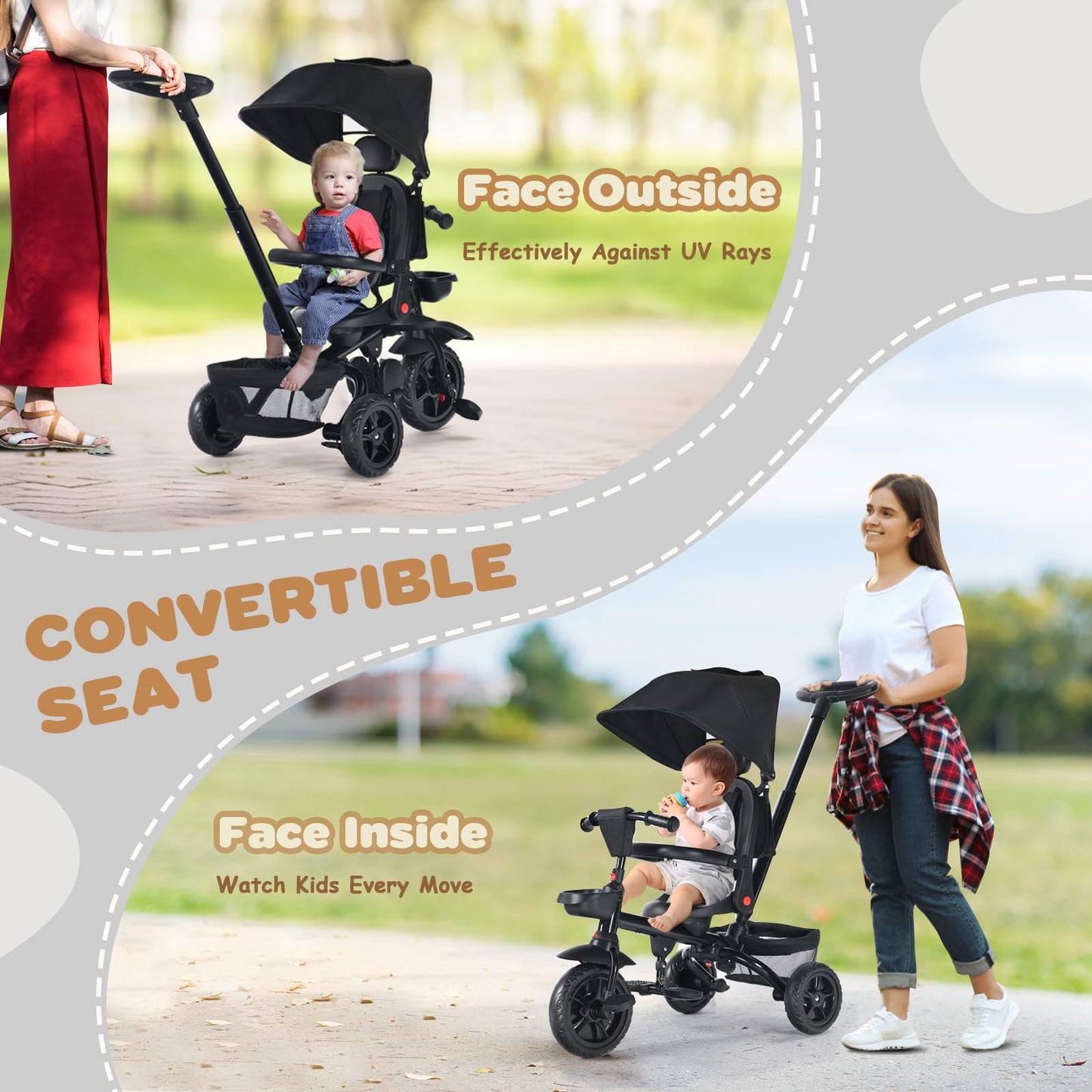 TODEFULL Folding Kids' Tricycle, 8 IN1 Baby Trike W/Removable Canpoy&Parental Push Rod, Toddler Bike Stroller for Kids 1-5 Years, 360° Swivel Seat, EVA Wheels，Storage Basket, Black