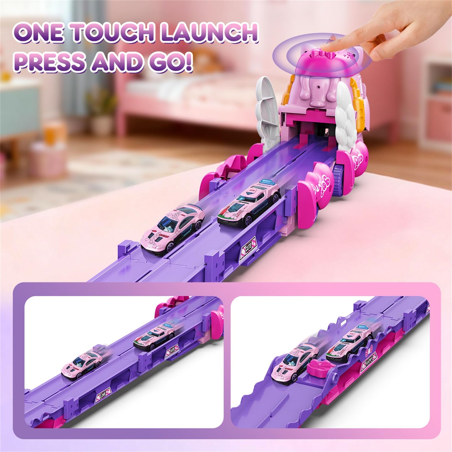 VATOS Toddler Truck Car Toys for 3 4 5 6 Year Old Girls, Foldable Race Track Toy with 6 Race Cars, Portable Transport Carrier Truck with Light & Music, Princess Toys Cars Gift for Kids Girls