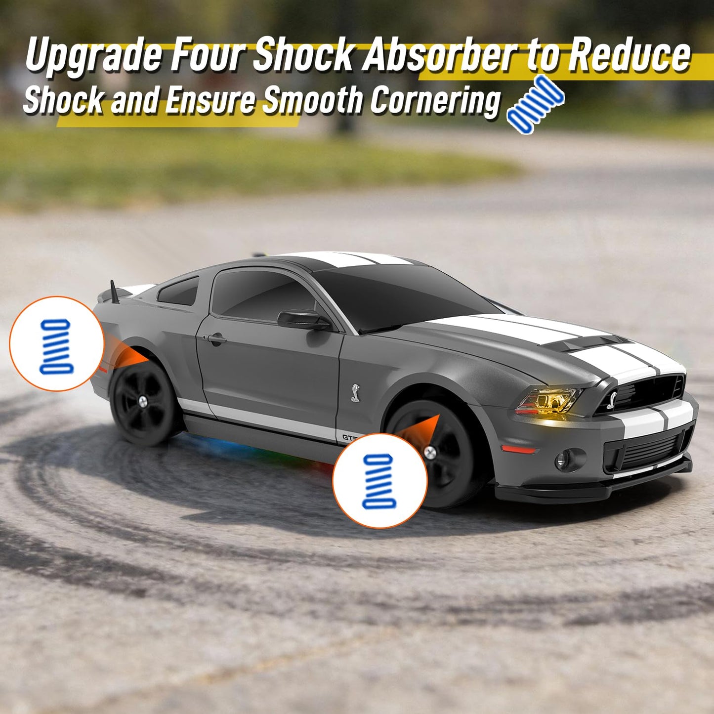 YONCHER RC Drift Car, Remote Control Car for Kids Ford Mustang Shelby GT500 Officially Licensed, 1:24 20KM/H 4WD with Lights, Fast Racing Toy Car for Boys Girls, Gray