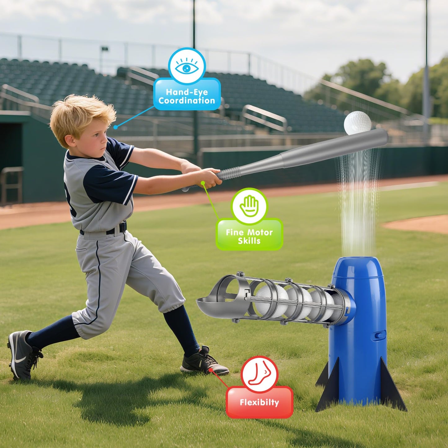AuntyFey Auto Kids Baseball Pitching Machine, Automatic Baseball Launchers for Kids 6-8, Batting Practice Equipment with 5 Plastic Balls & Bat, Pop Up Tball Trainer, Blue