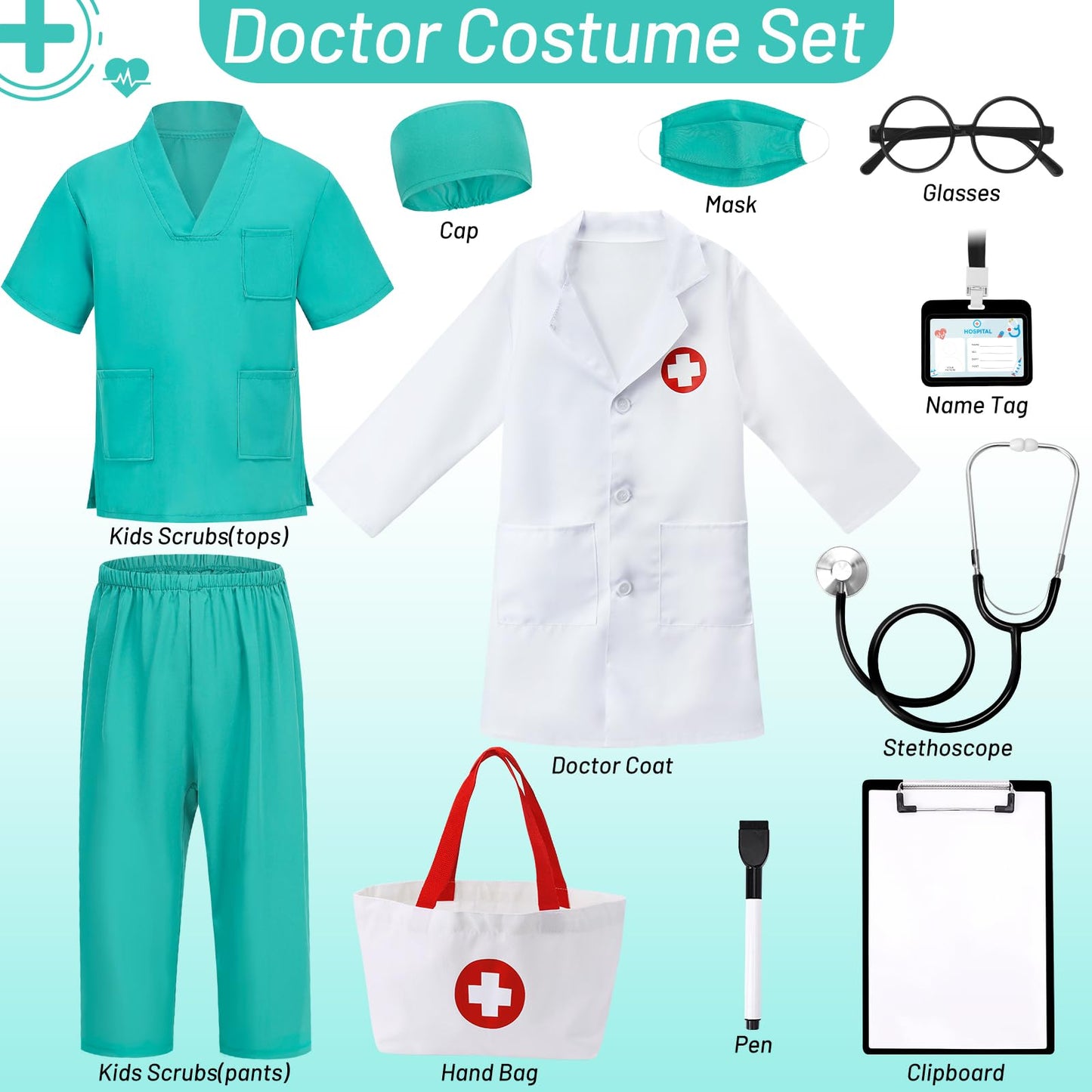 Wuclad 12 PCS Doctor Costume for Kids,Scrubs with White Lab Coat/Nurse Costume for Kids Set,Career Day Costume for Boys Girls (Green, 4-5 Years)