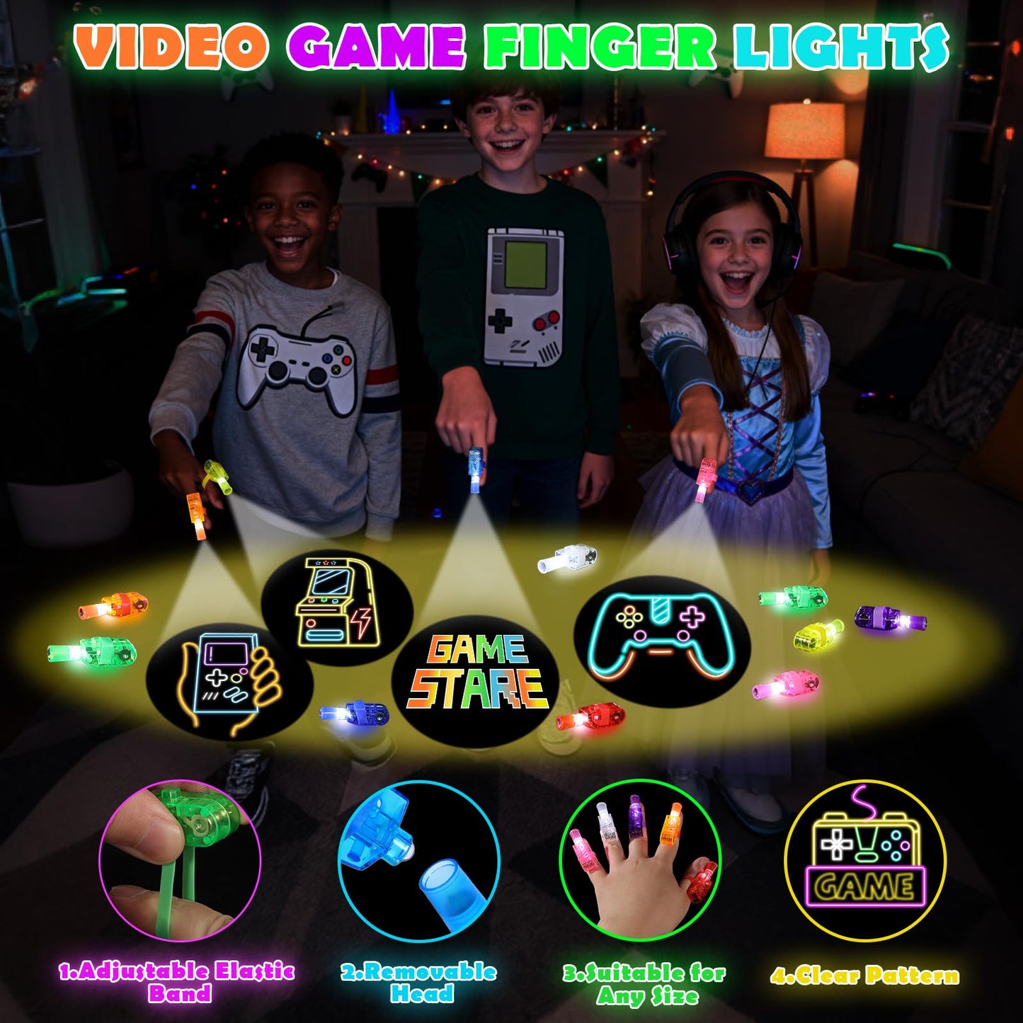 Mikulala 24 Pcs Video Gamer Party Favors LED Finger Lights, Glow in the Dark Neon Party Gifts for Boys Girls, Birthday Goodie Bags Stuffers, Classroom Treasure Box Prizes