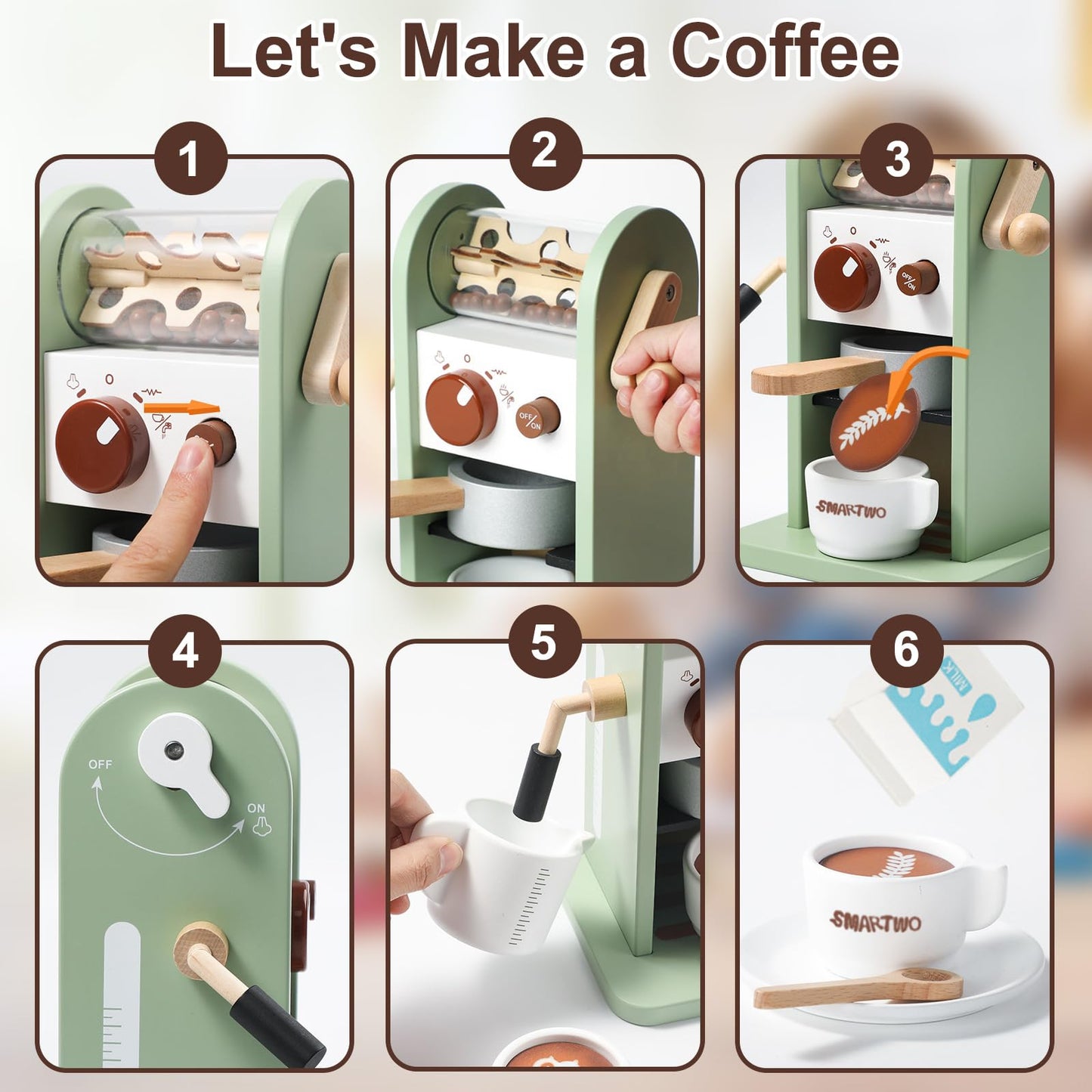 Smartwo Kids Wooden Coffee Maker Toy,Coffee Machine Playset with Grinder,Play Coffee Making Routine,Stimulates Imaginative Pretend Play and Life Skills,Birthday Gift for Toddler Boy Girl,17pcs