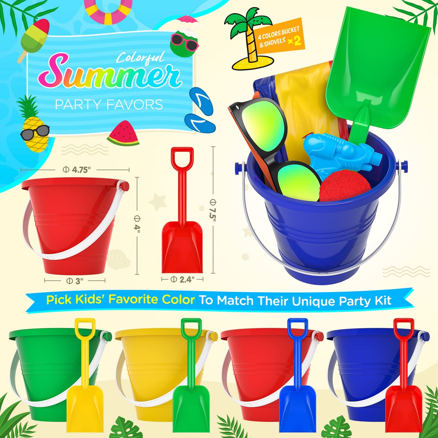 Pool Party Favors Beach Party Favors - 48 PCS Pool Toys For Kids Ages 3-8 Beach Balls Bulk, Sand Bucket and Shovels Set, Kids Sunglasses Bulk, Beach Summer Toys, Pool Party Supplies,Sand Toys