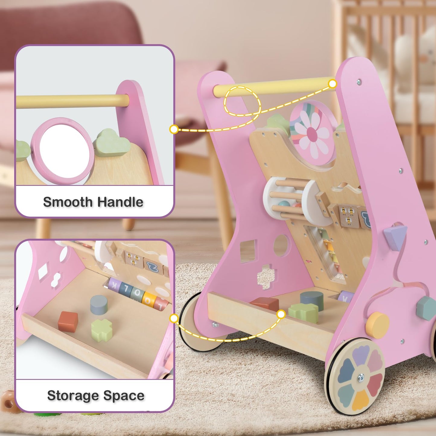 Baby Walker with Wheels, Wooden Push Walker Toys for Babies 10-12 Months, Baby Girl Walking Activity Toys for 1 Year Old