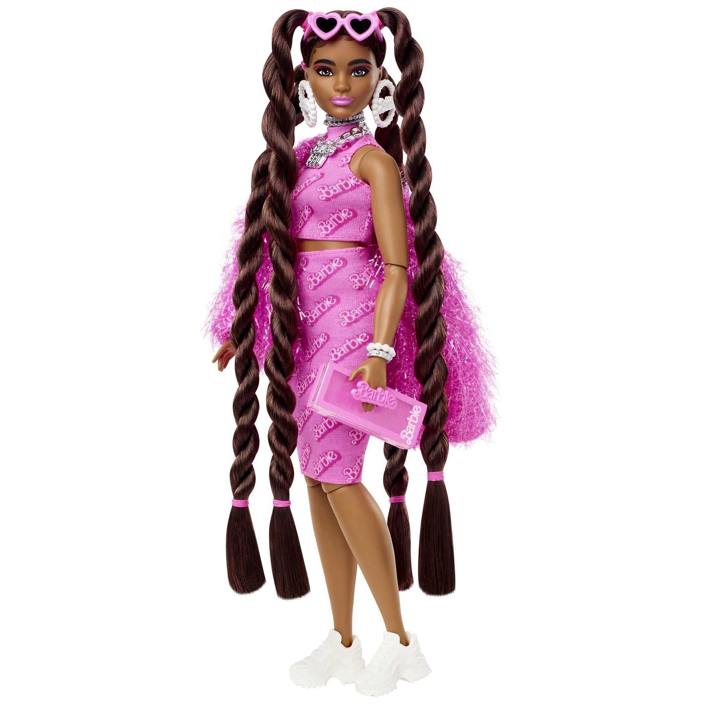 Barbie Extra Doll & Accessories with Long Brunette Styled Hair in Pink 2-Piece Outfit with Sparkly Jacket & Pet Puppy