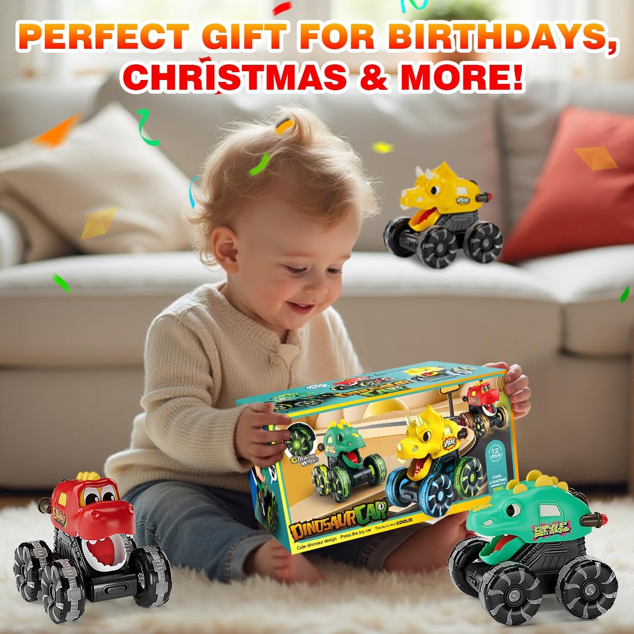 Dinosaur Monster Trucks for Toddlers 2-4: Toy Cars 3 Pack for Toddler Age 1-3,Light-Up Truck,Moving Mouth, Car Toys for 1 Year Old Boy,Dinosaurs Toy Kids 3-5,5-7,Boys Girls Gifts (Yellow-Green-Red)