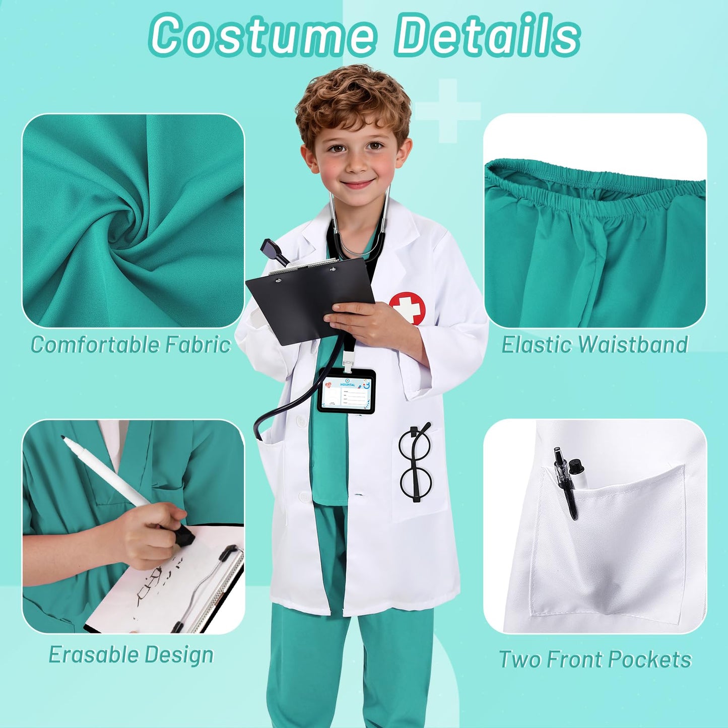 Wuclad 12 PCS Doctor Costume for Kids,Scrubs with White Lab Coat/Nurse Costume for Kids Set,Career Day Costume for Boys Girls (Green, 4-5 Years)