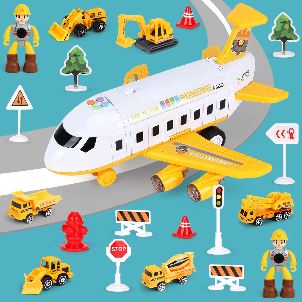 25 Pack Transport Construction Airplane Toy Play Vehicles Set for Kids Gifts, with 6 Construction Die-cast Toy Truck, 11 Road Signs-Suitable for 3 4 5 6 Year Old Boys and Girls