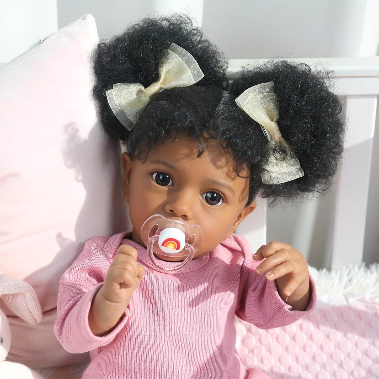 WOOROY Reborn Baby Dolls Girl Black African American - 20 Inch Realistic Newborn Baby Doll in Pink Outfit, Soft Cloth Body with Full Accessories, Gift for Kids Aged 3+