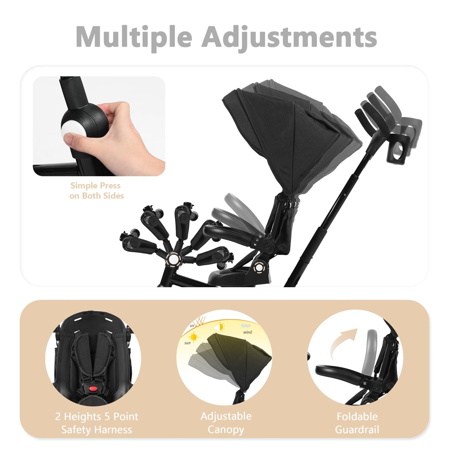 Kinder King Kids Trike Tricycle for Toddlers 1-3, 8 in 1 Folding Toddler Tricycle Bike w/1-Step Brake, Adjustable Push Handle, Rotatable Seat, Adjustable Canopy, Bell, 5-Point Harness, Storage, Black