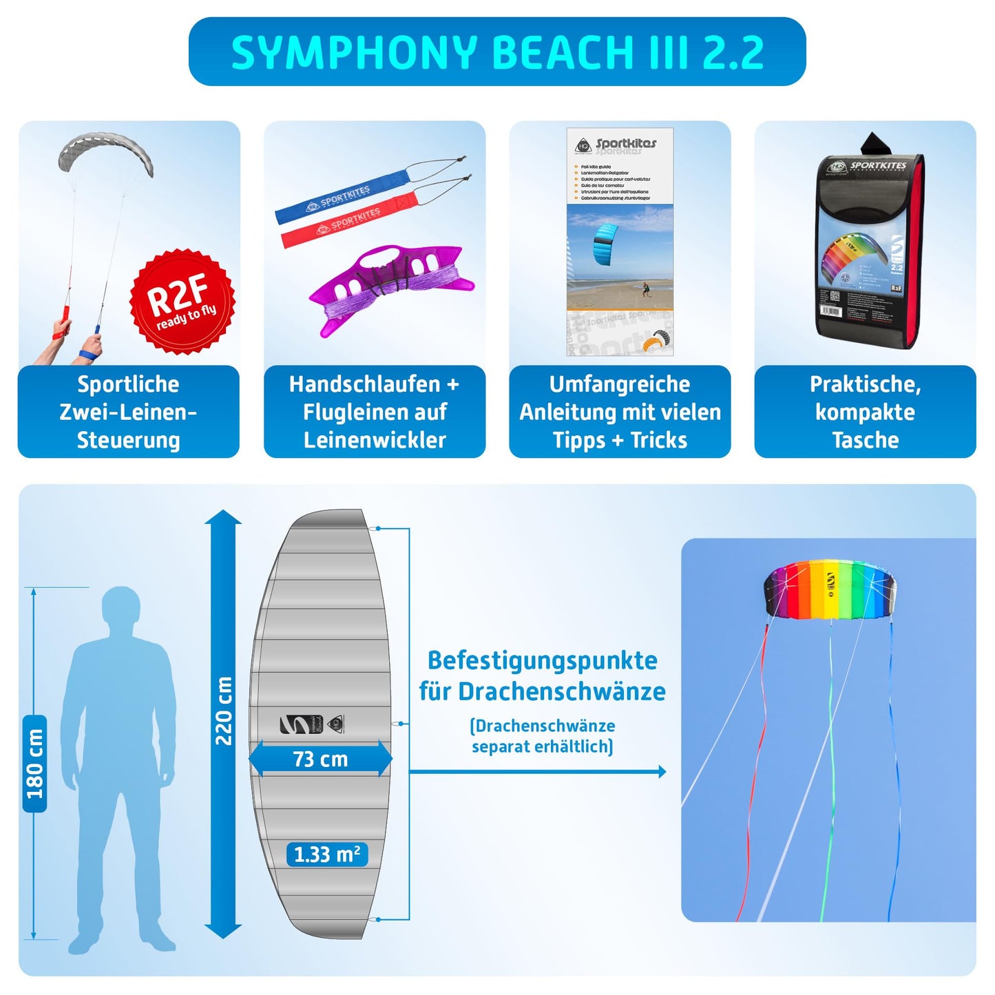 HQ Symphony Beach III 2.2 Stunt Kite, Rainbow, Dual Line Foil Sport Kite
