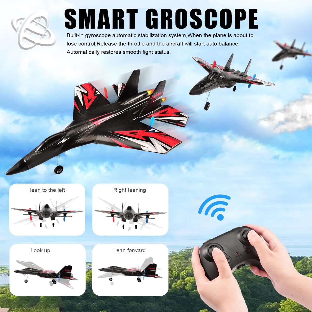 RoofWorld New Upgrade SU27 RC Airplane, Remote Control Fighter Toys, 2.4GHz 6-axis Gyro Stabilizer RTF Glider Aircraft Plane with 2 Batteries Easy to Fly Outdoor Toy for Adults Kids Beginners Boys