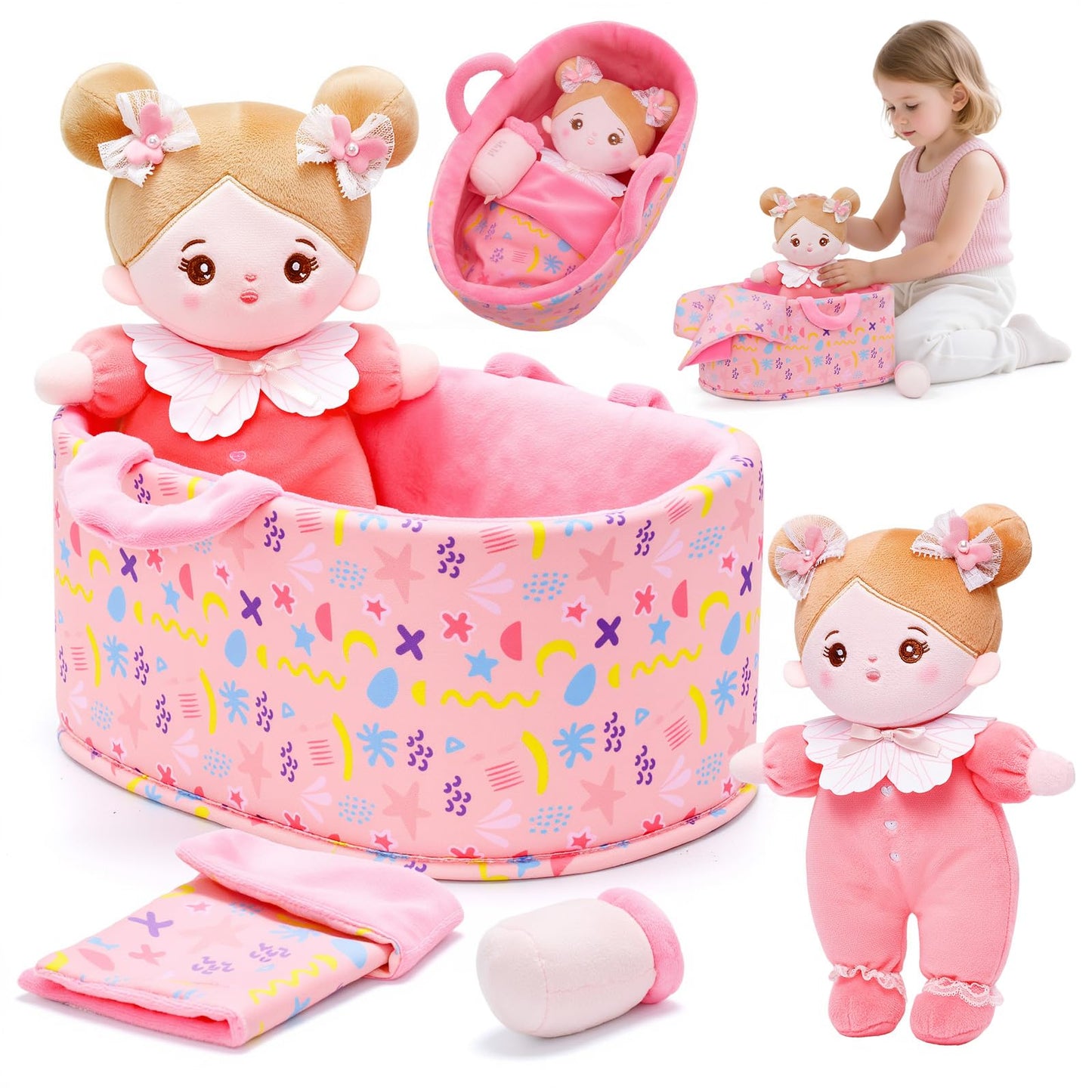 OUOZZZ 10" Soft Baby Doll Accessories with Plush Doll, Bassinet, Blanket and Bottle, Toys for 2 Year Olds Girls Birthday Gift, Interactive Pretend Playset for Preschool Gametime Pink