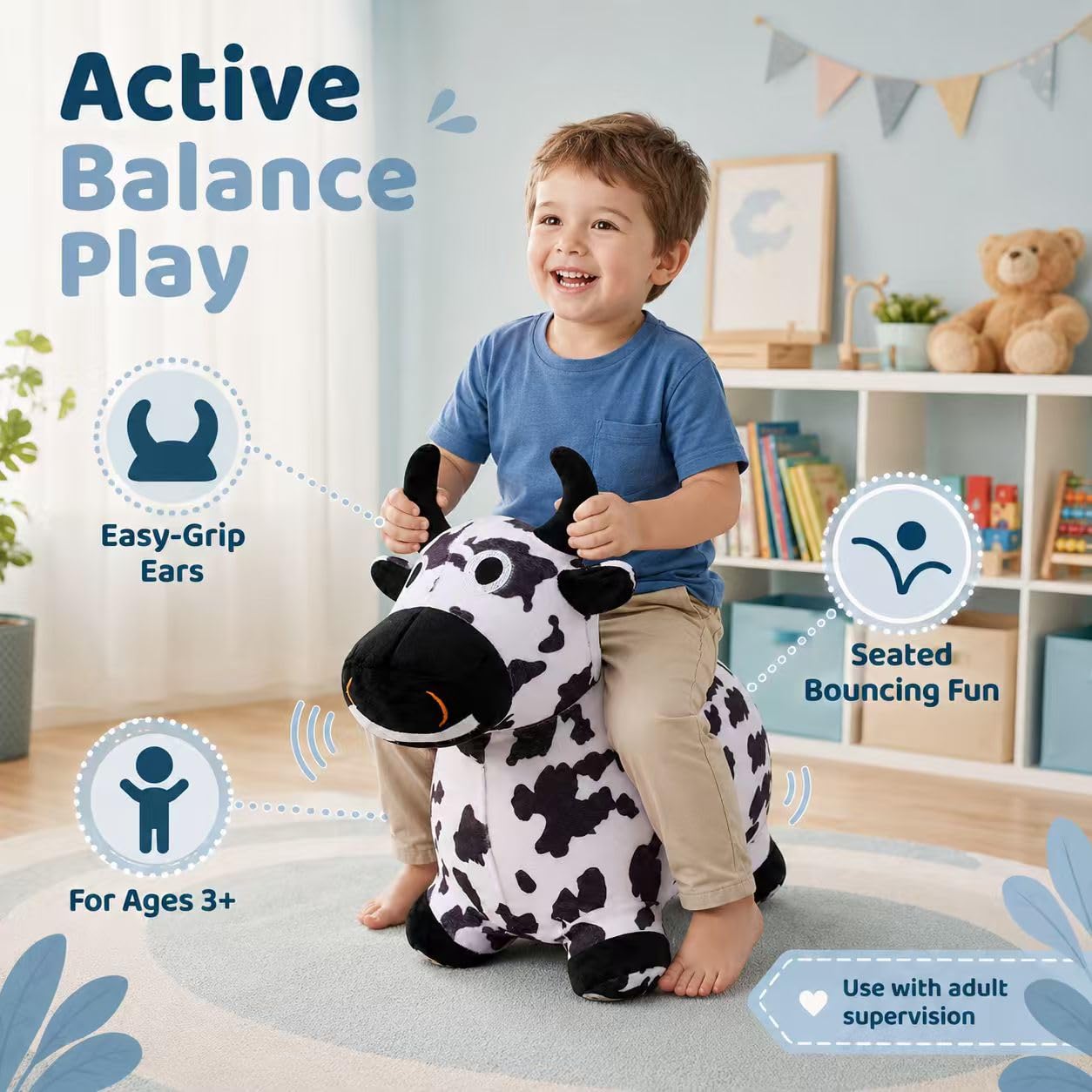 THXKNJ Hoppity Cow Inflatable Hopper with Pump, Plush-Covered Bouncy Animal Ride on Bouncer for Toddlers & Kids, Jumping Cow Hopping Toy Birthday Gift for Boys Girls 18 Months to 6 Years Old