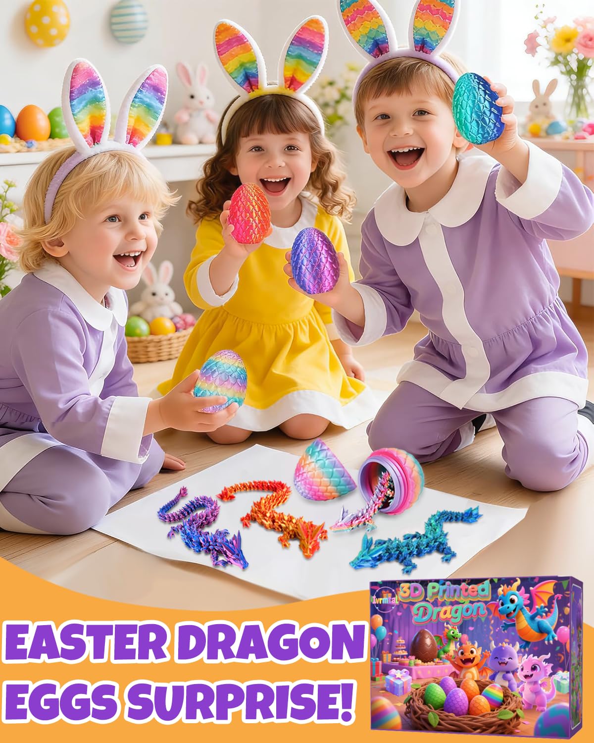 Ivrmtal 4PCS 3D Printed Dragon Eggs with Dragon Inside, Prefilled Easter Eggs with Toys for Kids 3D Printing Crystal Dragon Animals Easter Basket Stuffers and Essentials Dragon Gifts for Boys Girls