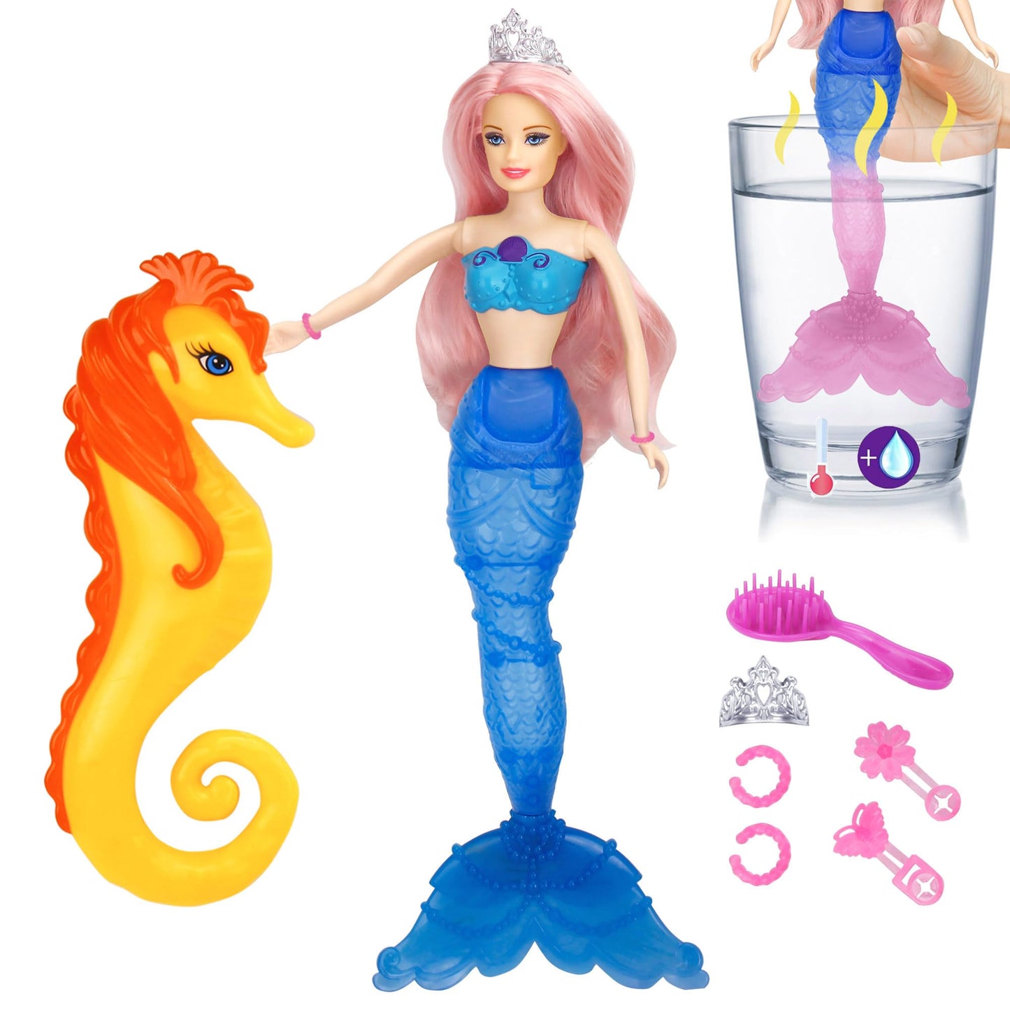 BETTINA Princess Doll with Seahorse Play Gift Set | Magic Color Changing Mermaid Doll, Princess Mermaid Toy with Seahorse & Dolls Accessories