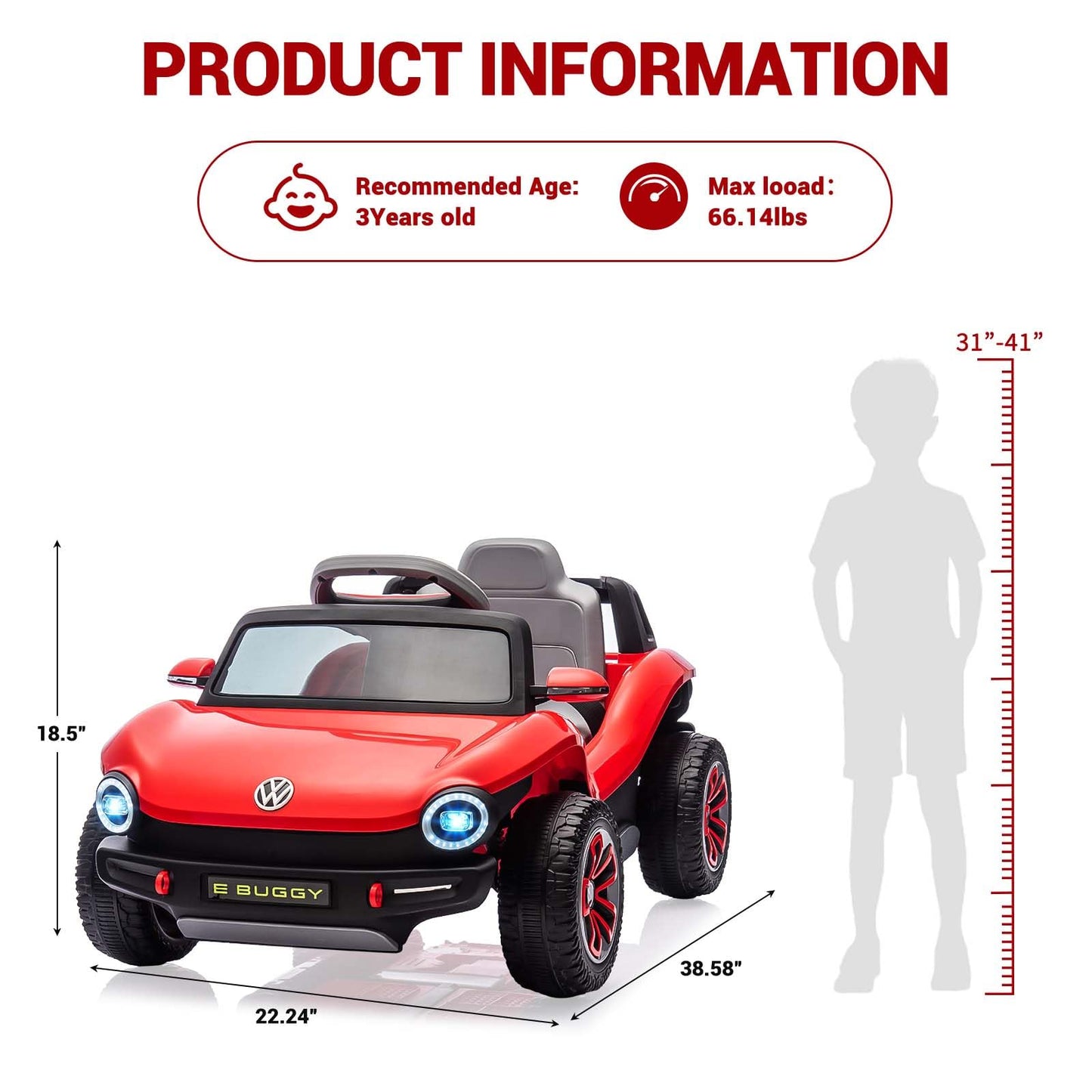 GarveeLife 12V Kids Ride On Car Licensed Volkswagen Beetle Electric Ride On Toy for Toddlers 4 Wheeler Vehicle with Parental Remote, Battery Level Display, LED Lights, USB, Horn, Music, Red