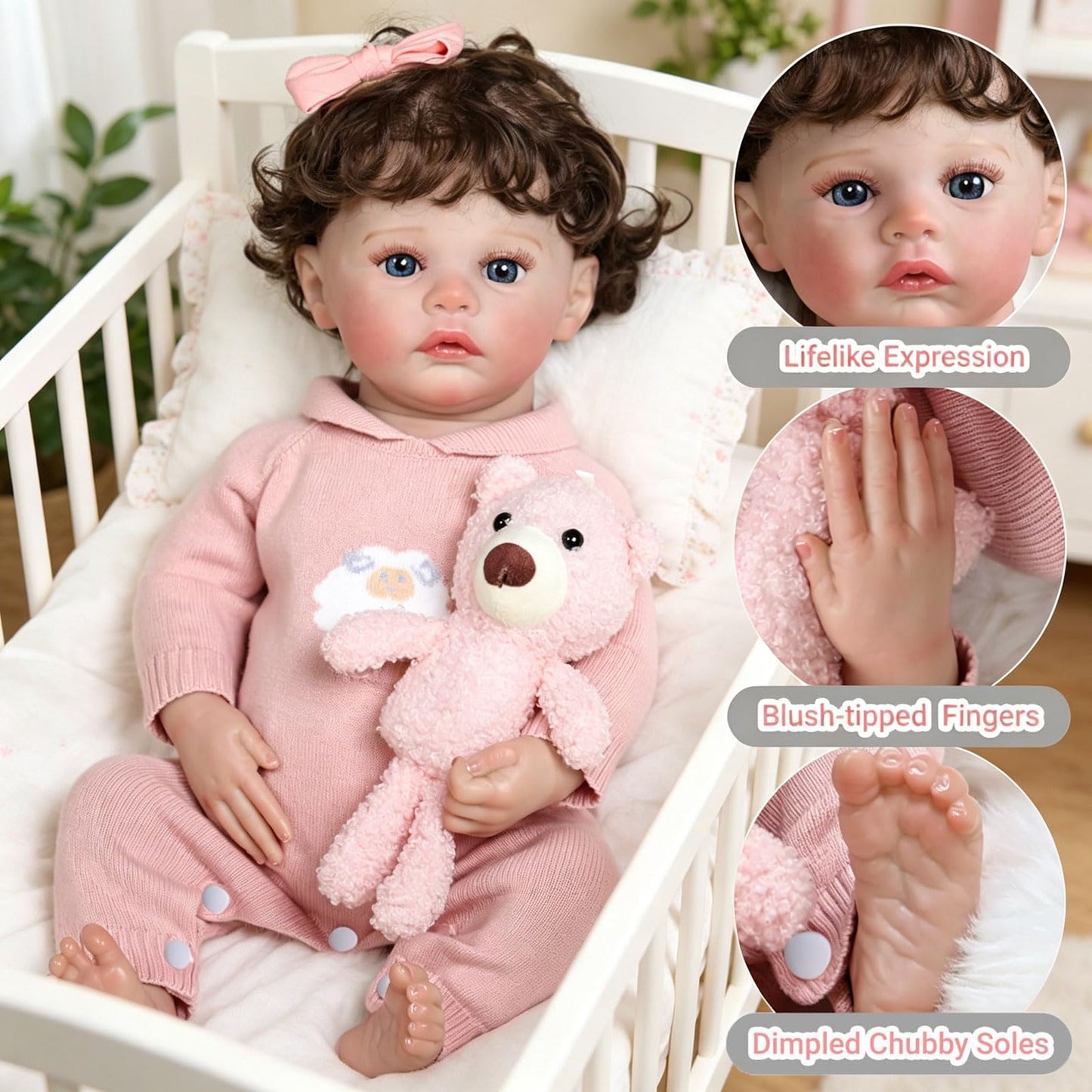 Tookyhill 16 Inch Lifelike Reborn Baby Doll, Full Vinyl Body, Poseable Limbs, Pink Knit Outfit & Plush Bear Toy, Realistic Newborn Doll Gift for Toddler Girls Age 3+ (Pink Bear)