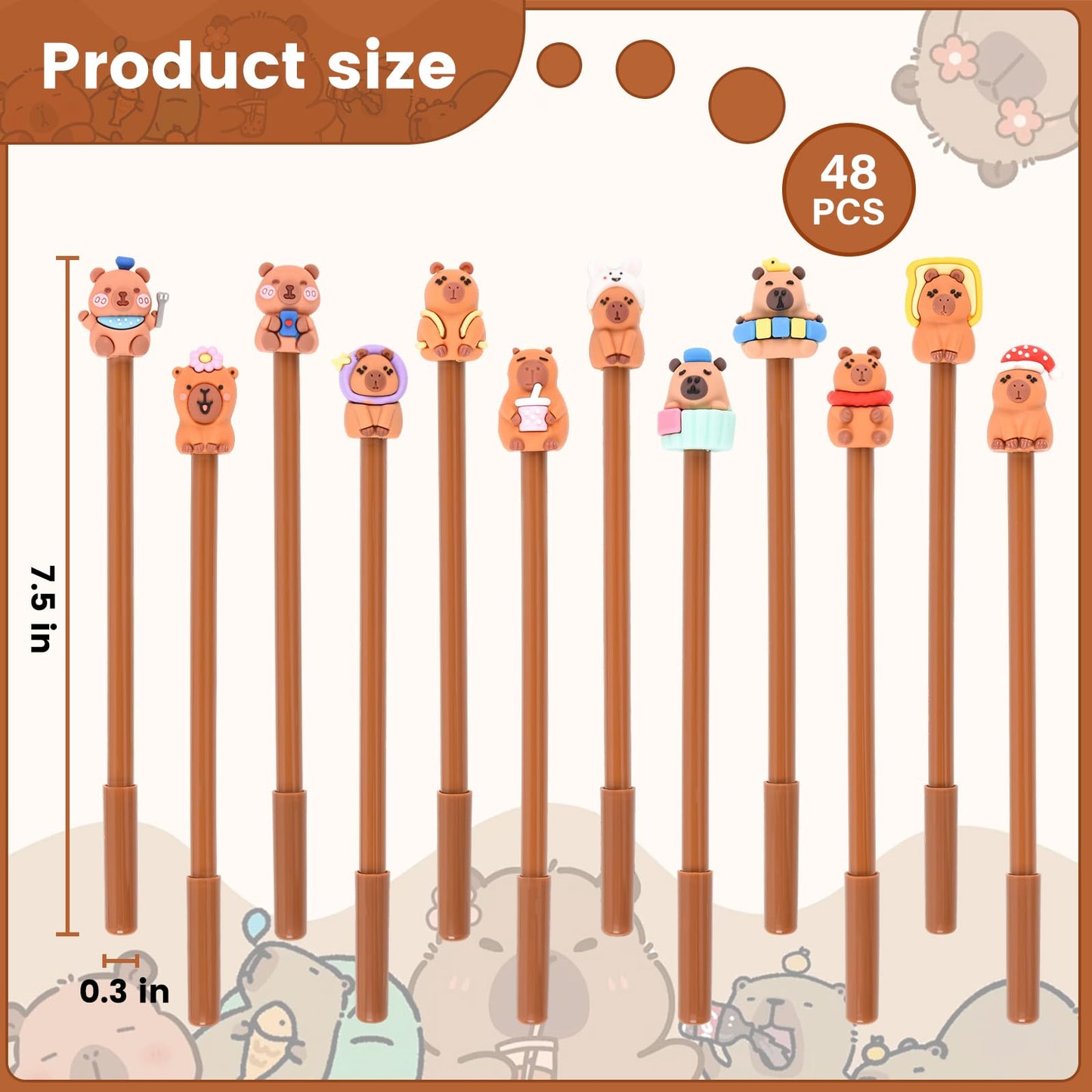 LiYiQ 48Pcs Capybara Cartoon Cute Fun Pens Kawaii Animal Gel Black Ink Pen, Cute Capybara Pens for Office Home Present