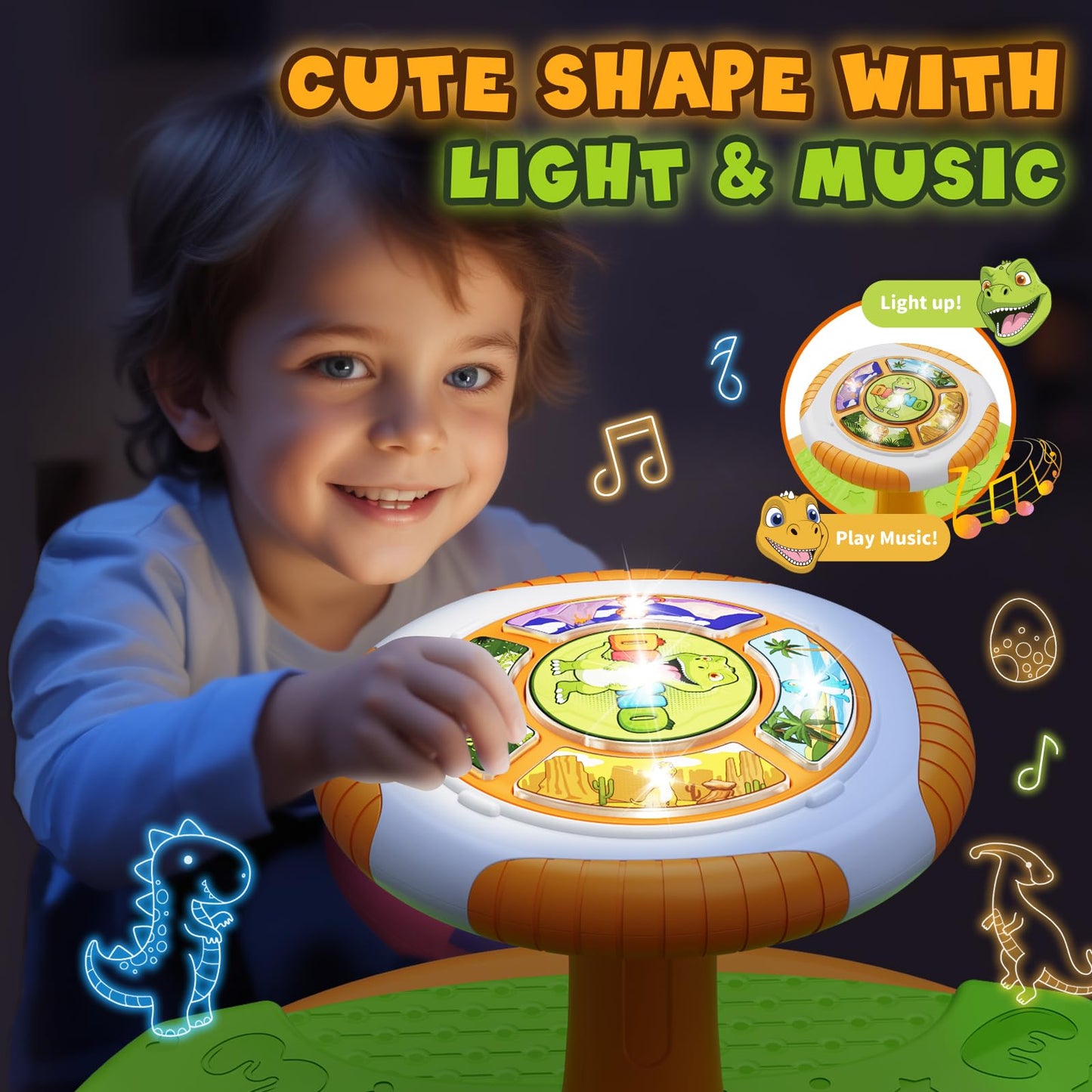 HYES Dinosaur Sit and Spin Toys for Toddlers 1-3 Boys, 360° Toddler Spinning Seat with LED Lights and Music, Sensory Toys Birthday for Kids 3-5