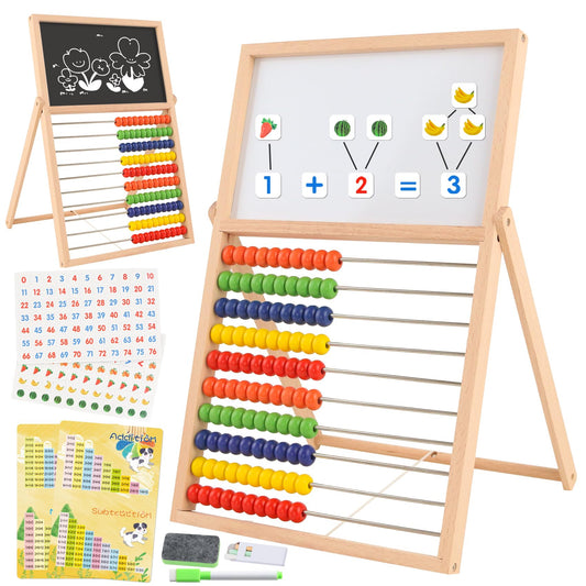 Ranqibo Wooden Abacus for Kids Math - Double-Sided Blackboard Whiteboard Magnetic Abacus with 100 Magnetic Number & Fruit Stickers - Educational Counting Games Kids Gift