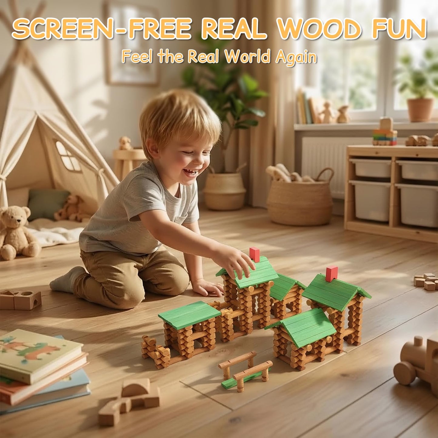 SainSmart Jr. 480 PCS Wooden Log Cabin Set with Storage Box, Building House Toy for Toddlers with 7 Toy Cars, Classical STEM Construction Kit Compatible with Lincoln Logs, Ideal Gift for Ages 3+