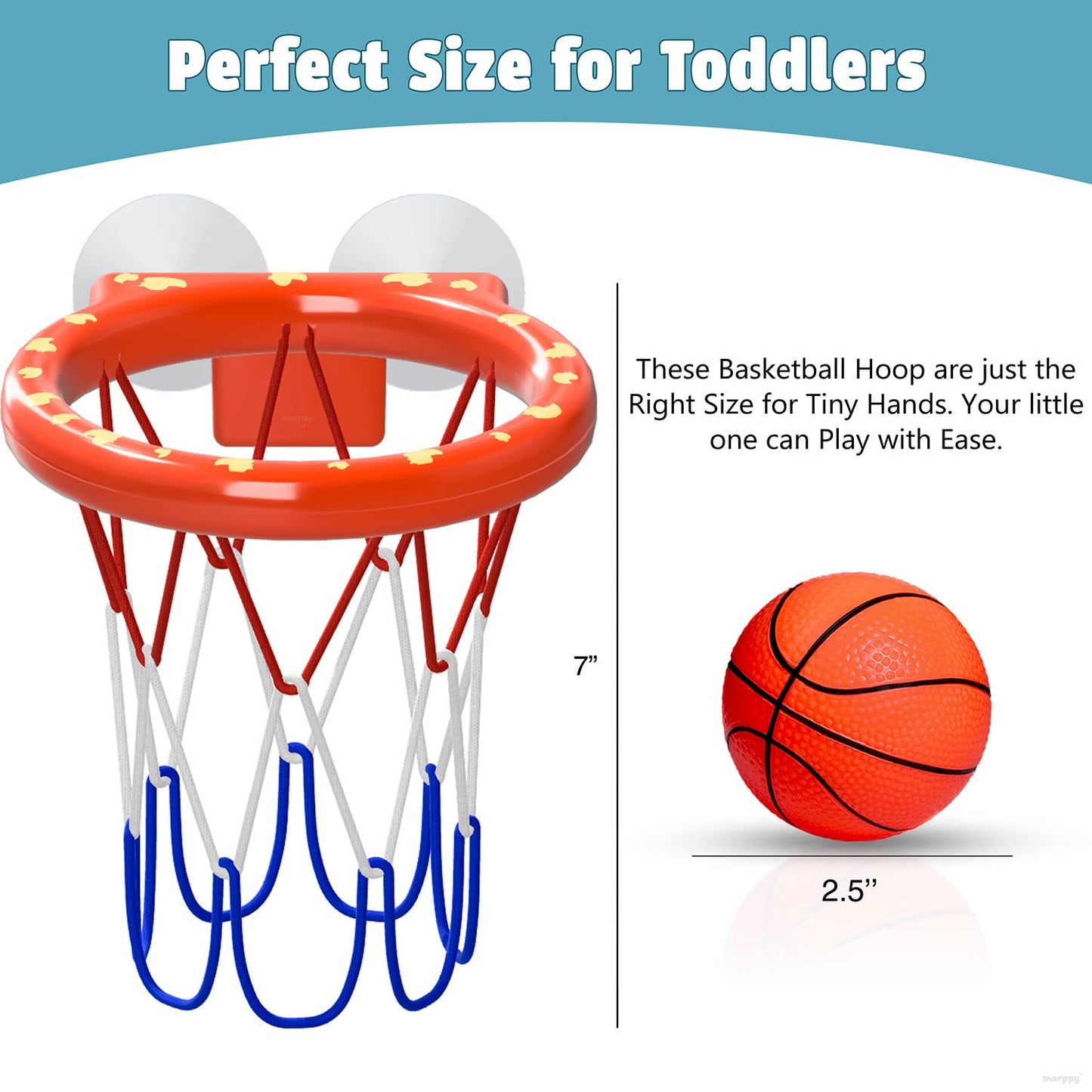 MARPPY Bath Toys – Bathtub Basketball Hoop for Toddlers and Kids, Mold-Free Shower Toy with 4 No-Hole Balls, Fun Bathtub Toys for Boys and Girls