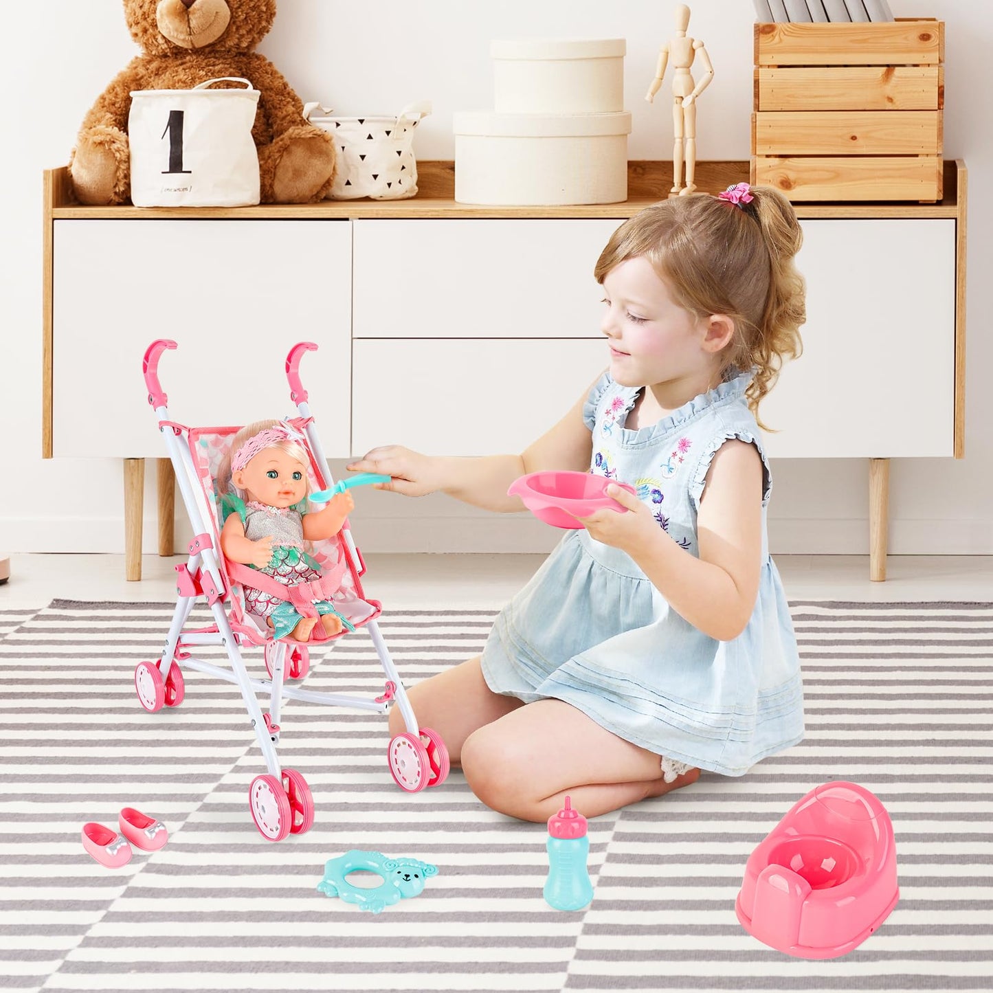 deAO Baby Doll Stroller Crib Bed Nursery Role Play Set Baby Doll Accessories and Play Mat,Travel Cot,Foldable Stroller and Travel Bag Birthday for Girls Boys Kids