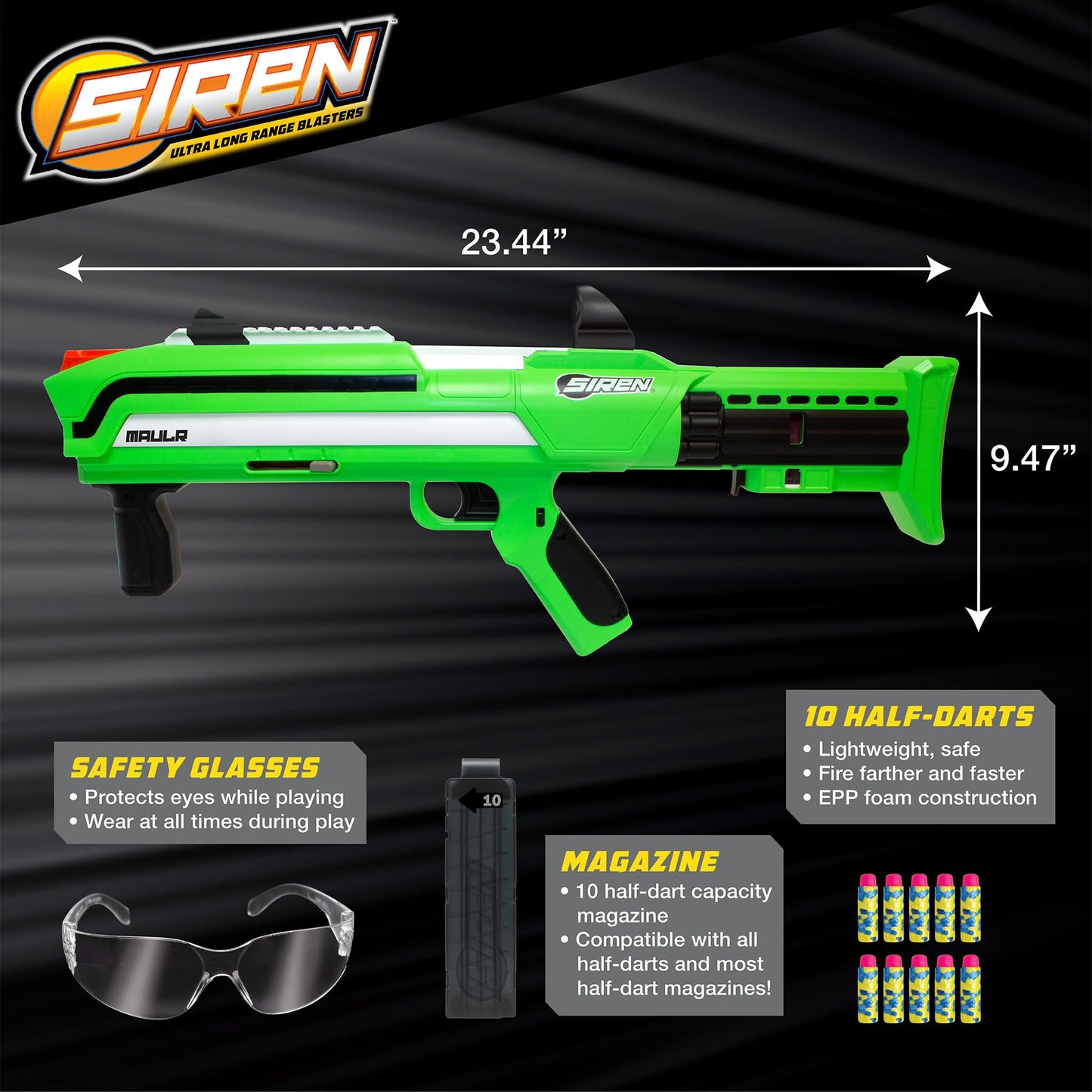 Siren Blasters Maulr Ultra Long Range Foam Dart Blaster, Pump-Action Multi-Shot, 200 Ft Range, 220 FPS, Adjustable Fire Power (Control Speed and Distance), 10-Dart Magazine, Outdoor Games, Ages 14+