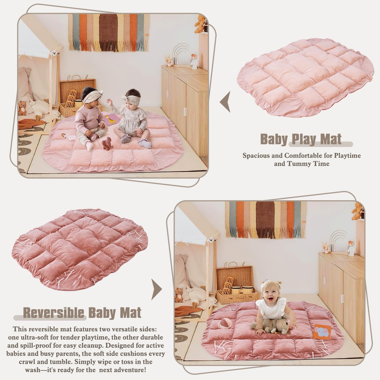 5-in-1 Plush Baby Play Gym, Baby Play Mats, Convertible Baby Gym, Tummy time mat, 6 Sensory Toys, Activity Center, Ball Pit, Pink