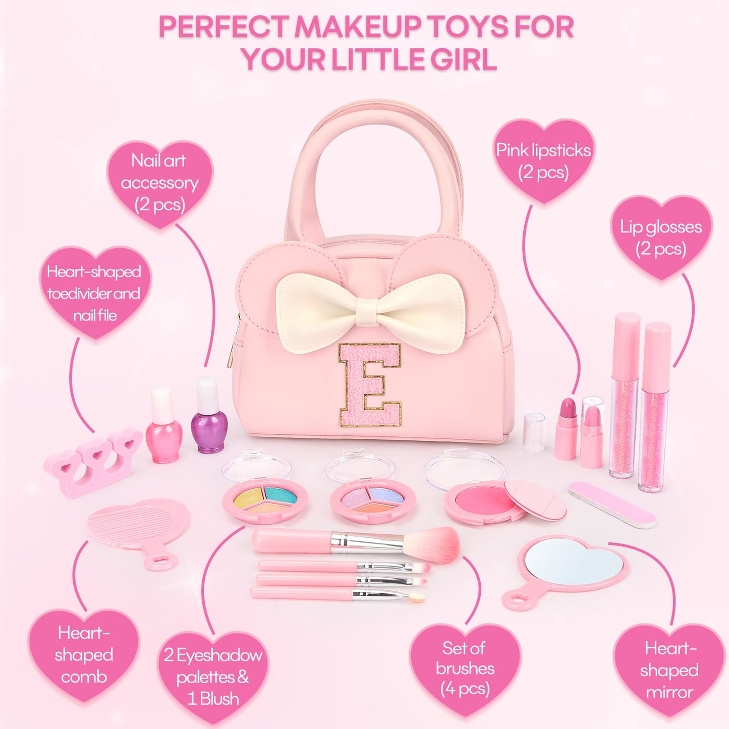 Kids Real Makeup Kit for Girls - 18Pcs Non-Toxic Washable Make Up Toys with Initial Toddler Purse - Personalized Birthday Gifts for Age 3 4 5 6 7 8 9 10 Years Old Girls Vanity Set - E