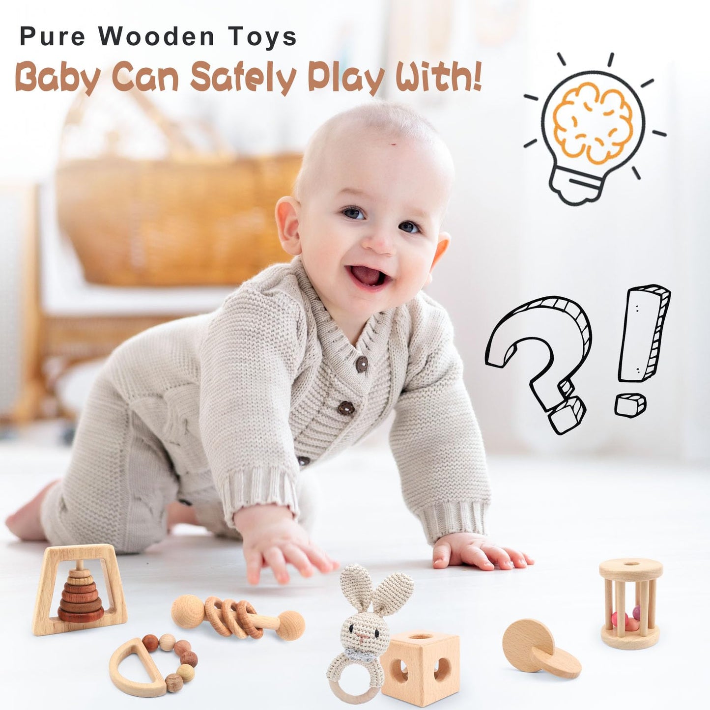 Wooden Baby Rattle, 7PCS Wooden Baby Toys for Babies 18-36 Months, Wood Montessori Toys with Crochet Rabbit Rattle for Infant Grasping, Gift for Baby Girls Boys