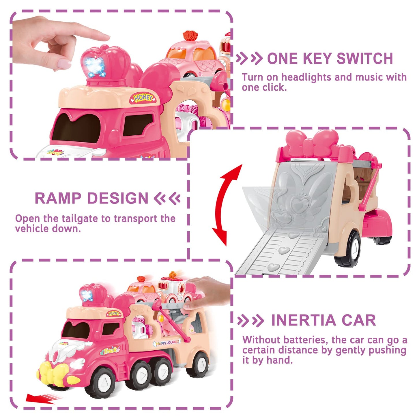 Seveclotree 9 in 1 Carrier Truck Cars Toys - Pink Princess Girl Car with Light and Sound - Toddler Toys Age 1-4