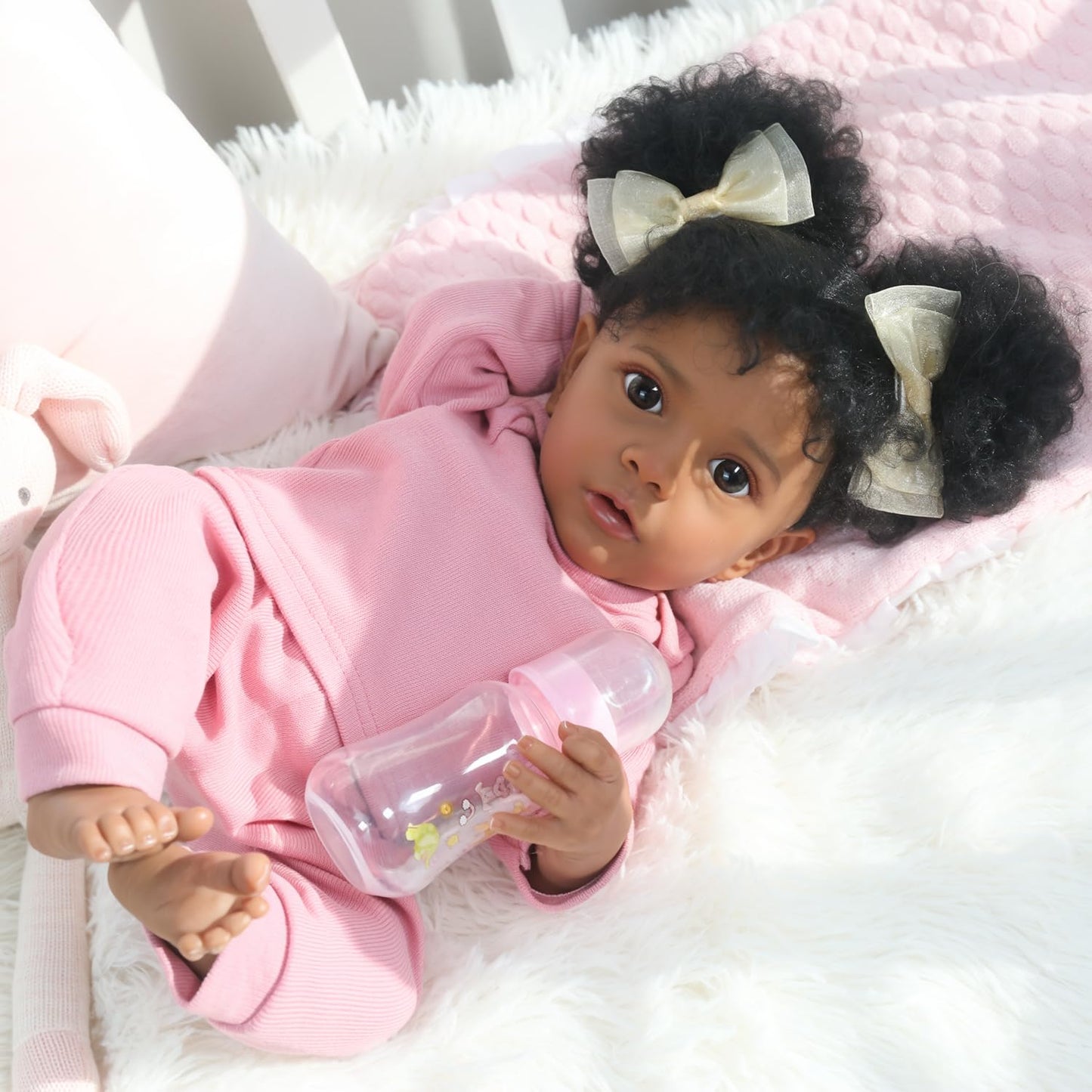 WOOROY Reborn Baby Dolls Girl Black African American - 20 Inch Realistic Newborn Baby Doll in Pink Outfit, Soft Cloth Body with Full Accessories, Gift for Kids Aged 3+