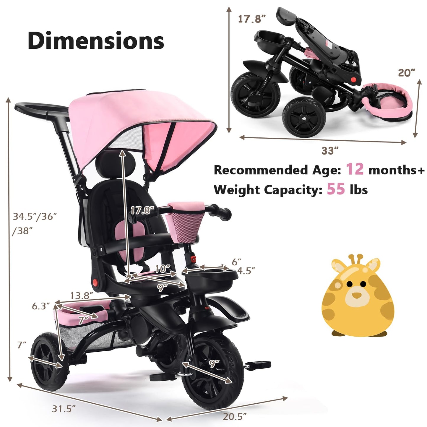 Kinder King Kids Tricycle, 7 in 1 Folding Toddler Trike w/Adjustable Push Handle, Rotatable Seat, Adjustable Canopy, Safety Harness, Storage, Toddler Bike for Age 6 Months+,Pink